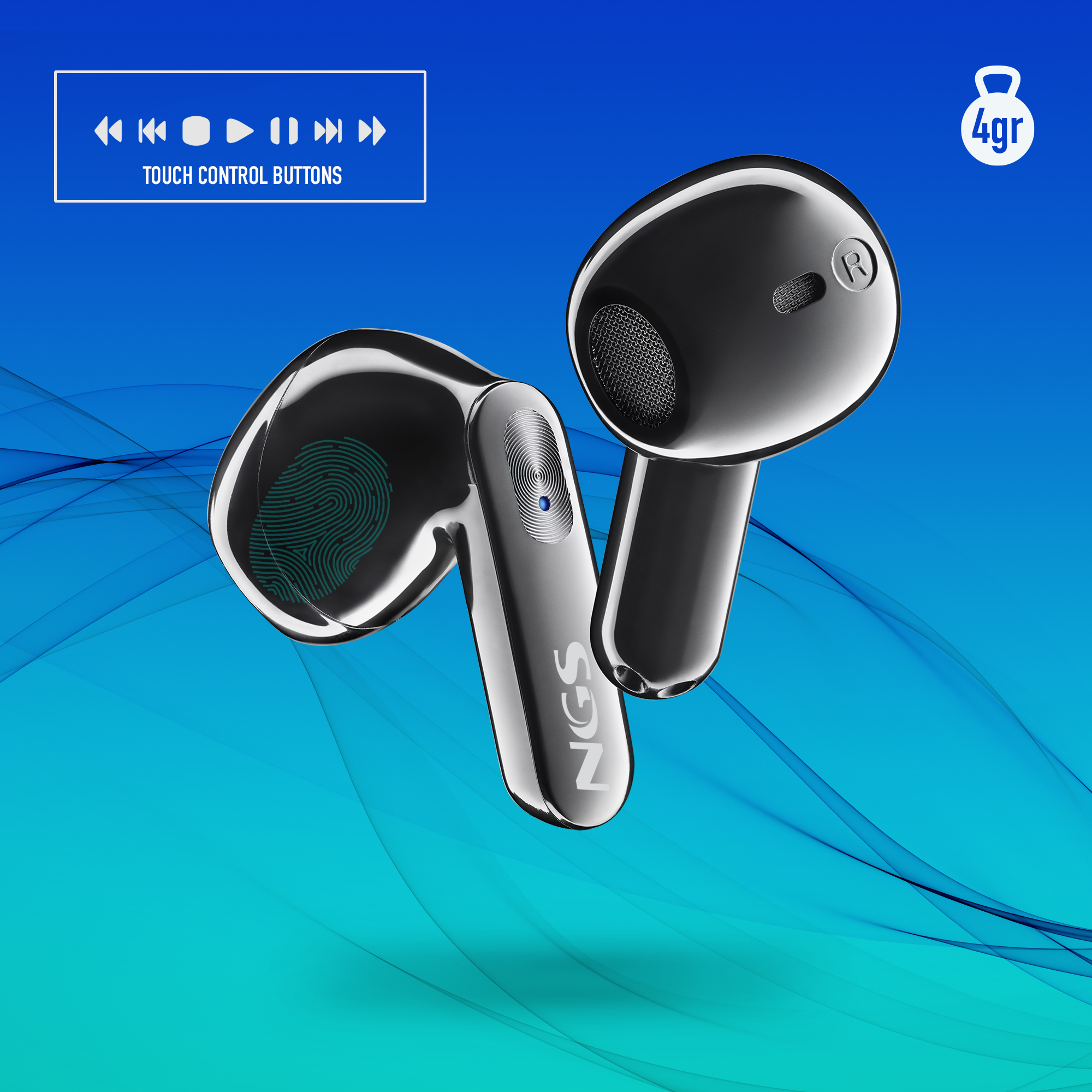 Auriculares negros con botones táctiles. Luz azul indica funcionamiento. Fondo azul.