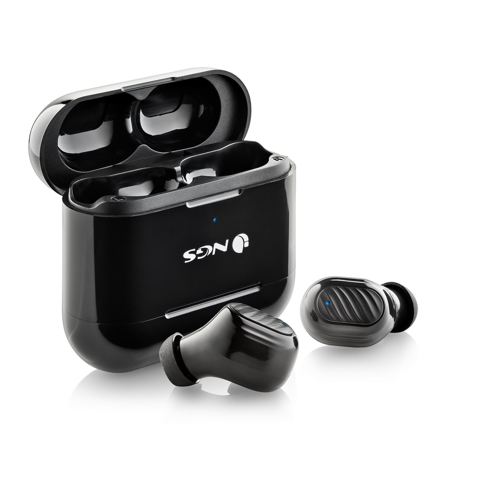 Auriculares NGS negros con estuche de carga, fondo blanco.