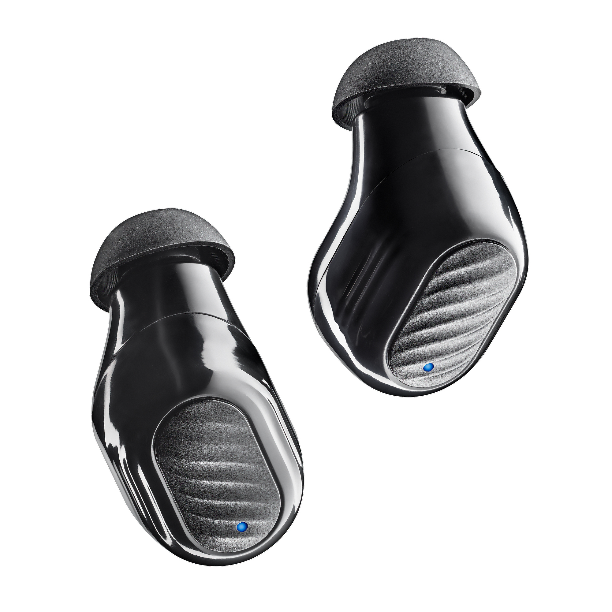 Dos auriculares inalámbricos negros con acabado brillante, sobre un fondo blanco. Tienen una luz azul.