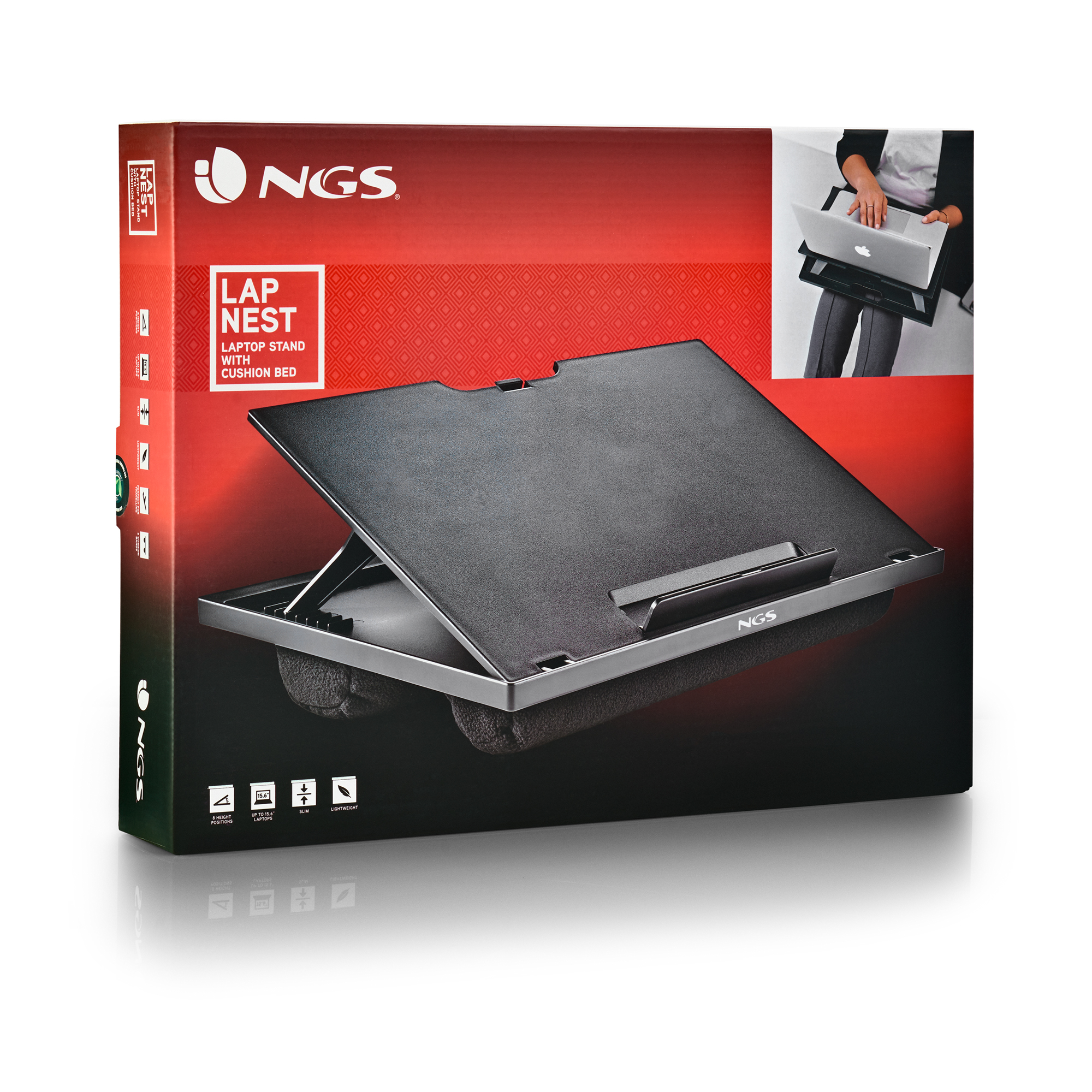 Schwarzer Laptopständer mit schwarzer Oberfläche. Eine Box mit dem Laptopständer im Hintergrund.