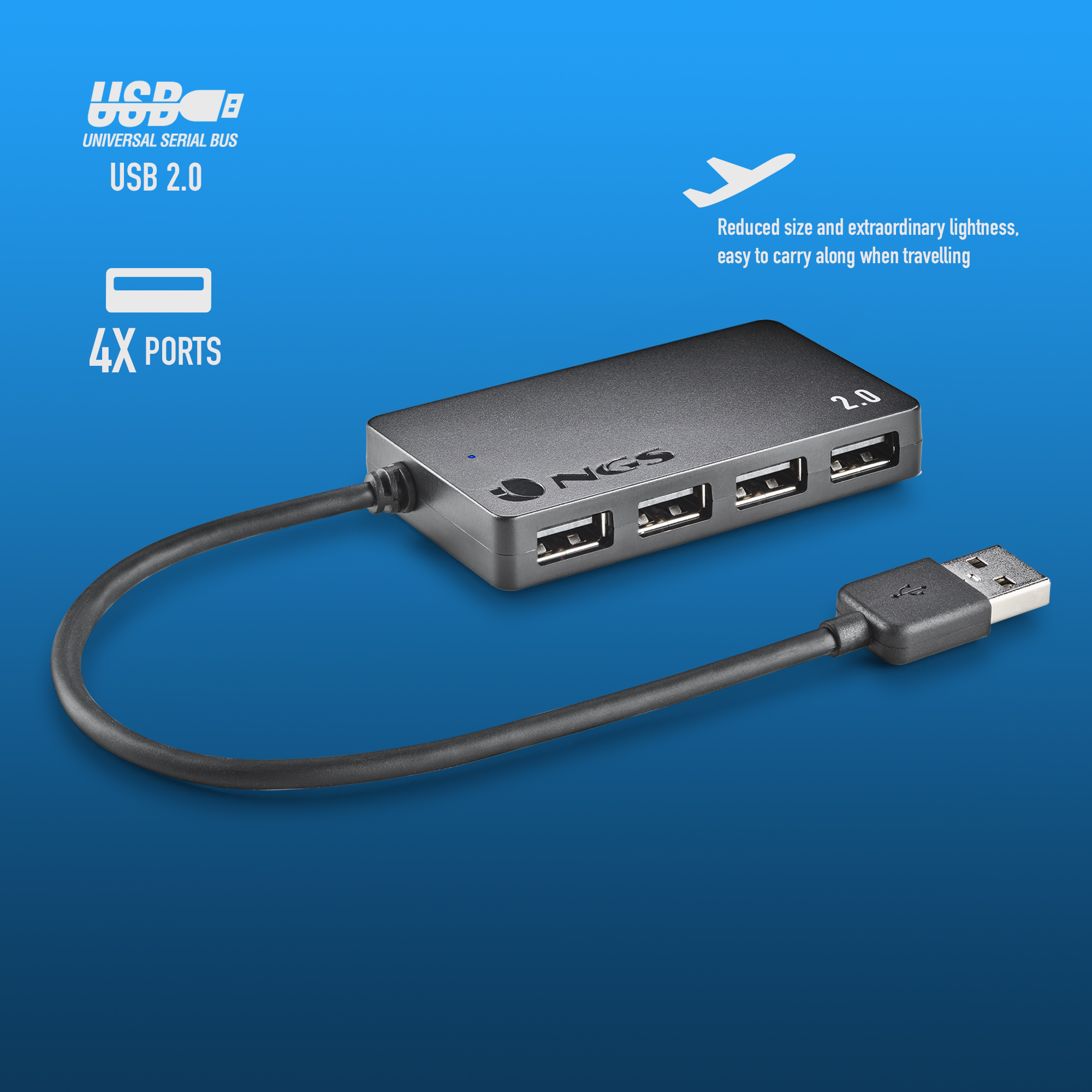 Ein schwarzer USB-Hub mit 4 Anschlüssen, ein USB-Kabel und der Text „USB 2.0“ und „4X PORTS“.