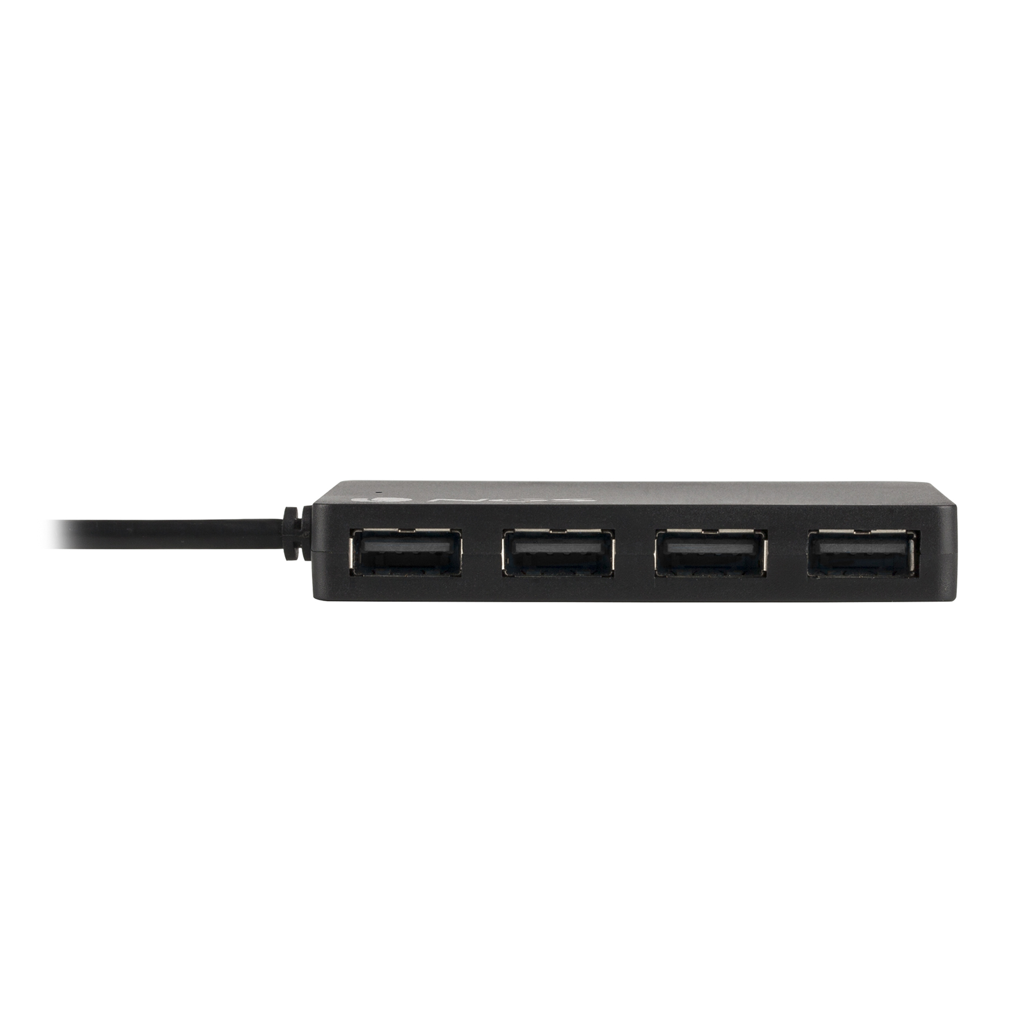 Schwarzer USB-Hub mit vier USB-Anschlüssen, ein einzelnes schwarzes Kabel.