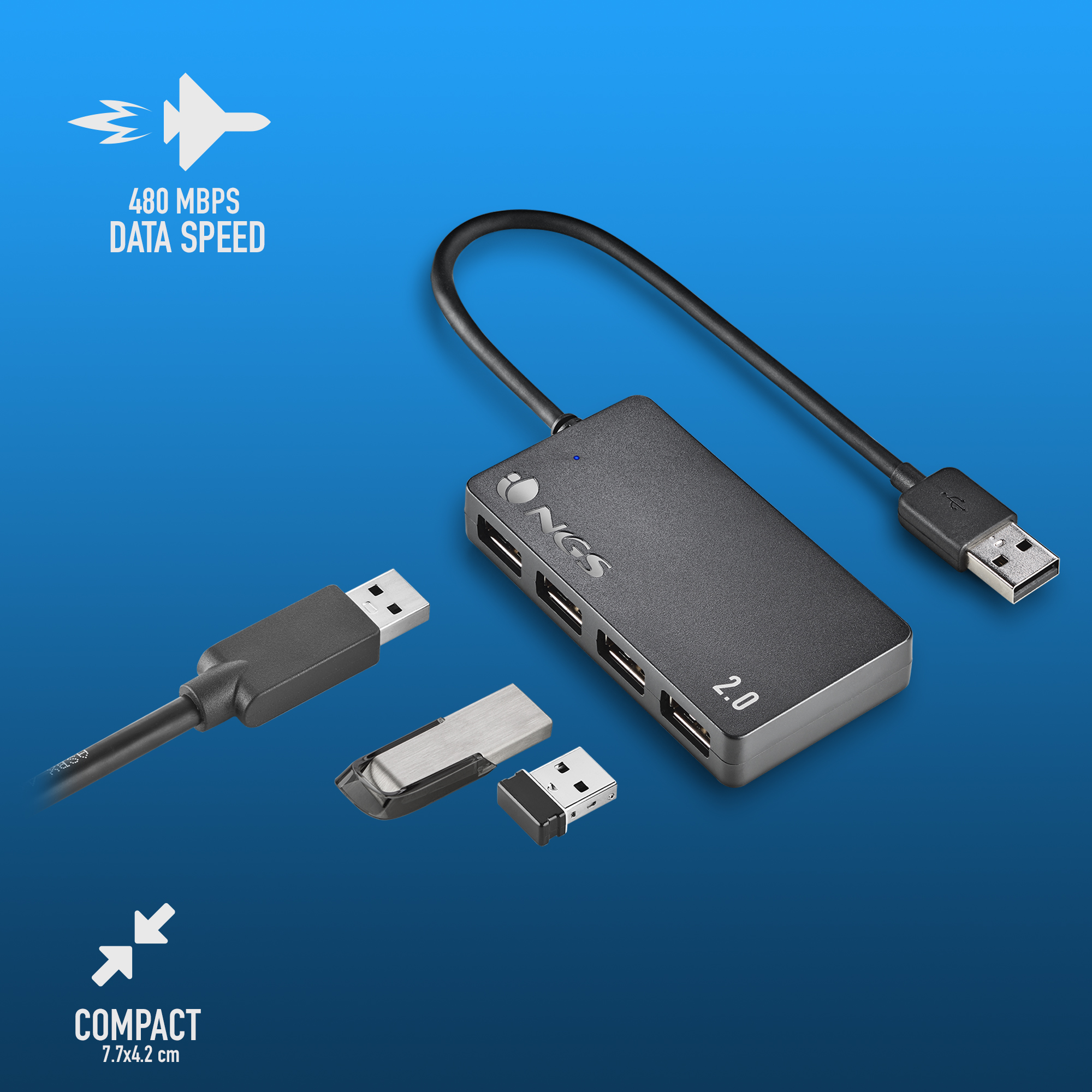 Schwarzer USB-Hub mit USB-Laufwerken und blauem Hintergrund.