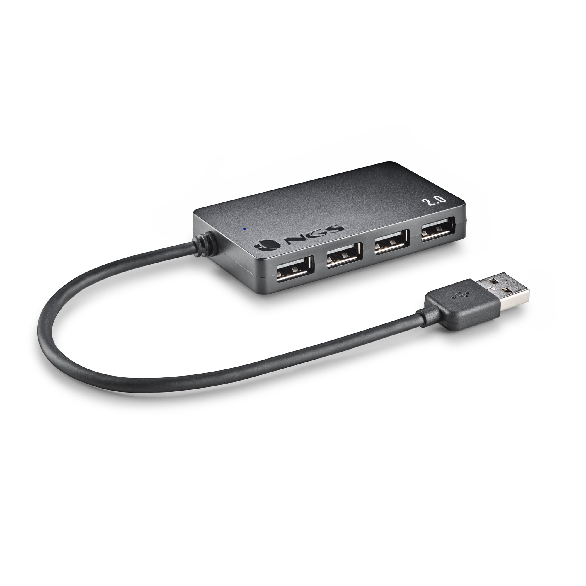 Ein schwarzer und grauer USB-Hub. Er hat vier USB-Anschlüsse und ein USB-Kabel.