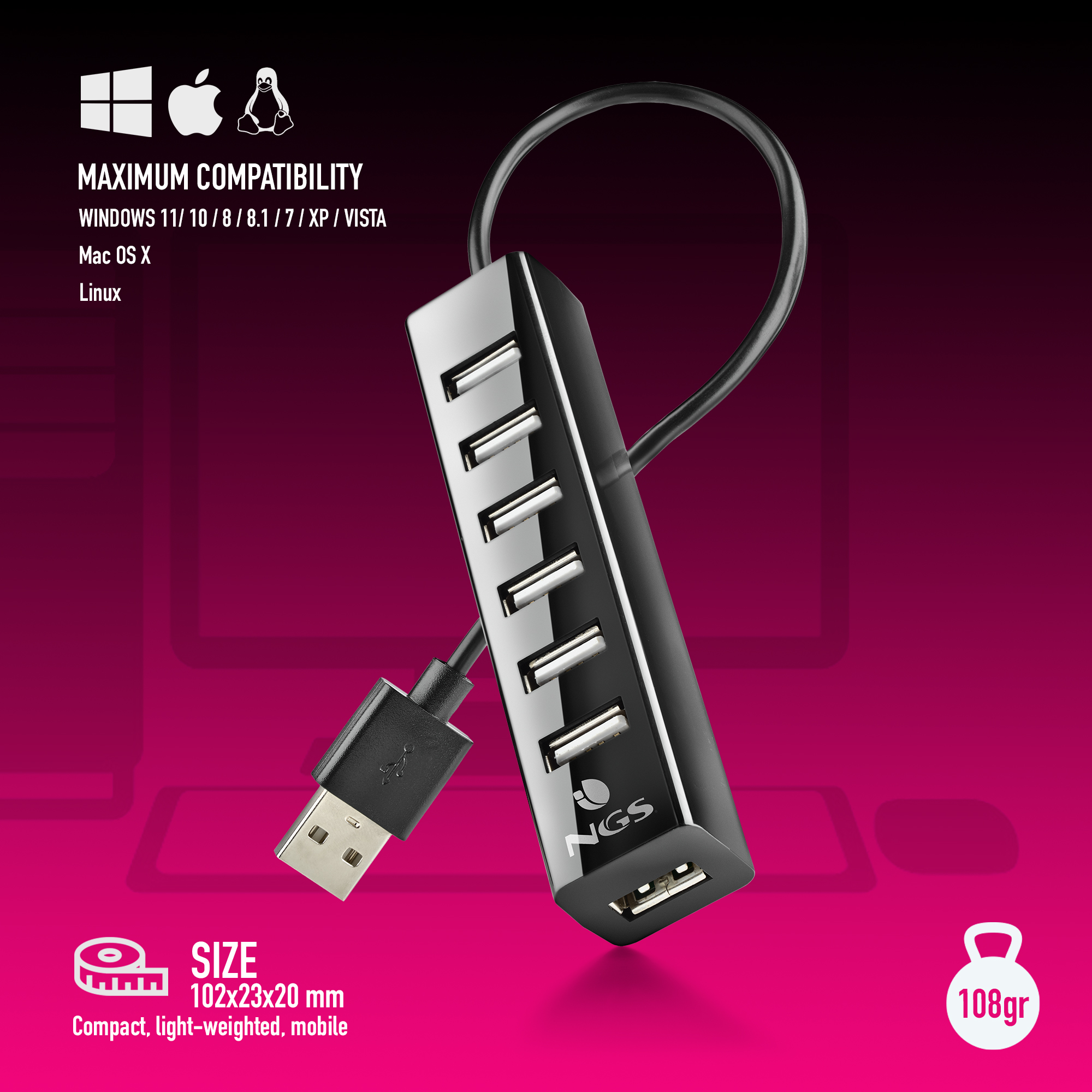Schwarzer USB-Hub mit 7 Anschlüssen und einem USB-Stecker. Text zur Kompatibilität steht darüber.