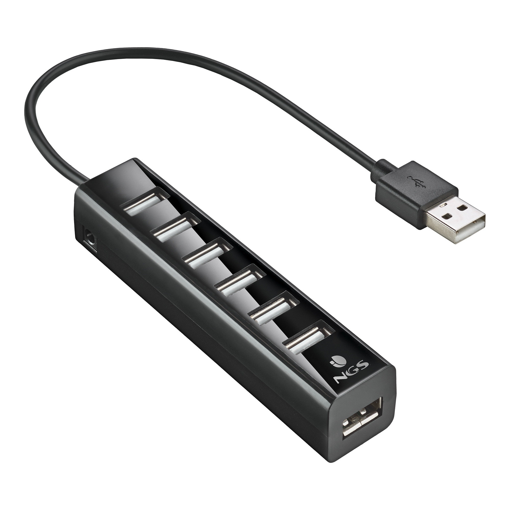 Ein schwarzer USB-Hub mit 4 Anschlüssen und einem USB-Anschluss. Der Hub hat das NGS-Logo.