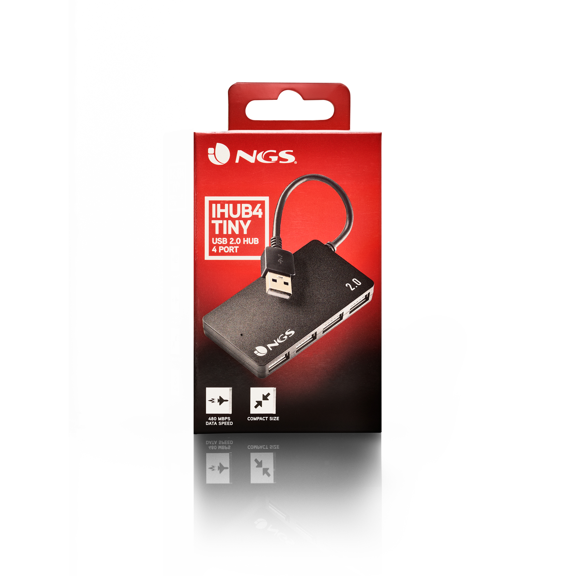 Schwarzer und roter NGS iHub4 Tiny USB-Hub in seiner Box. Vier Ports sichtbar.
