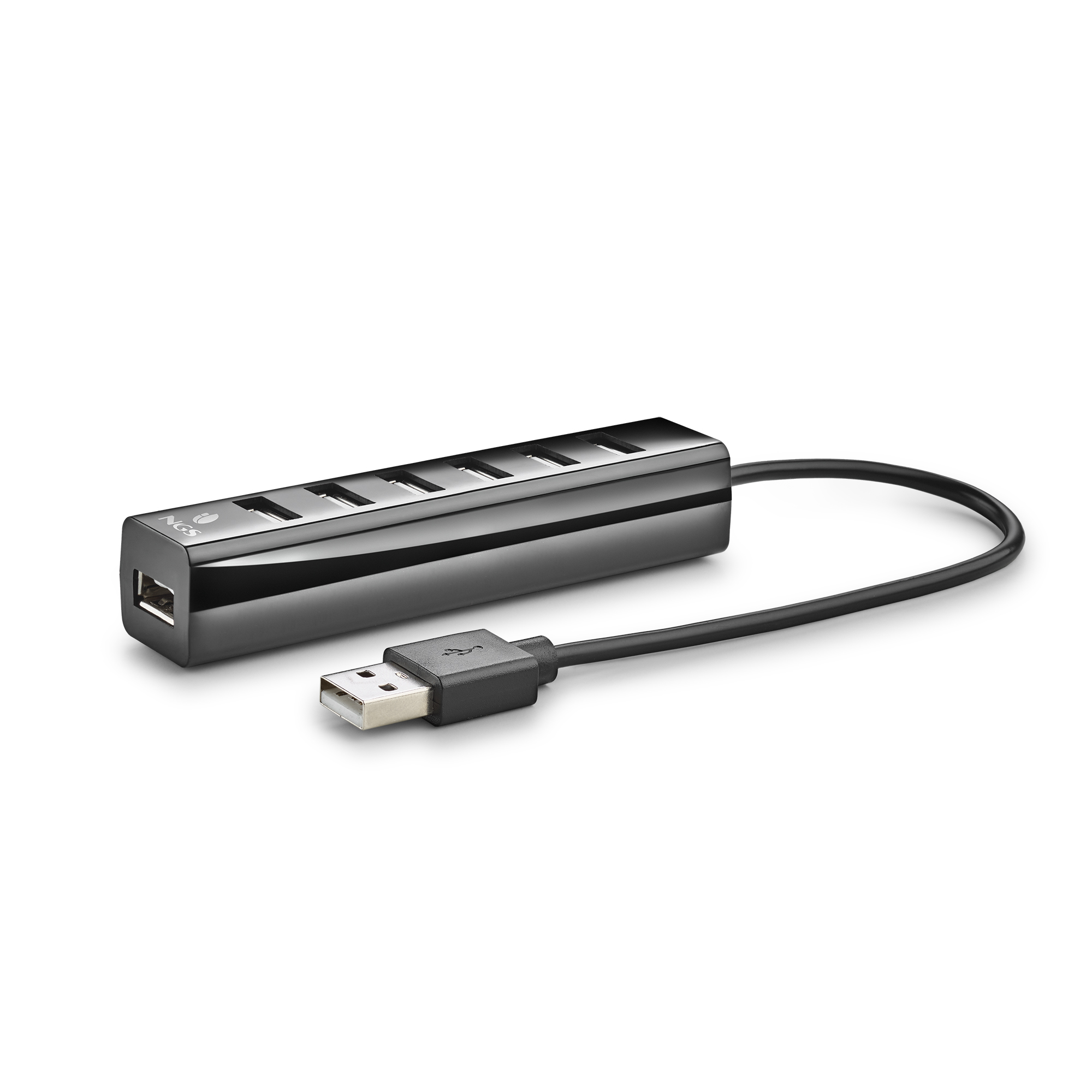 Schwarzer USB-Hub mit mehreren Anschlüssen und einem USB-Kabel.