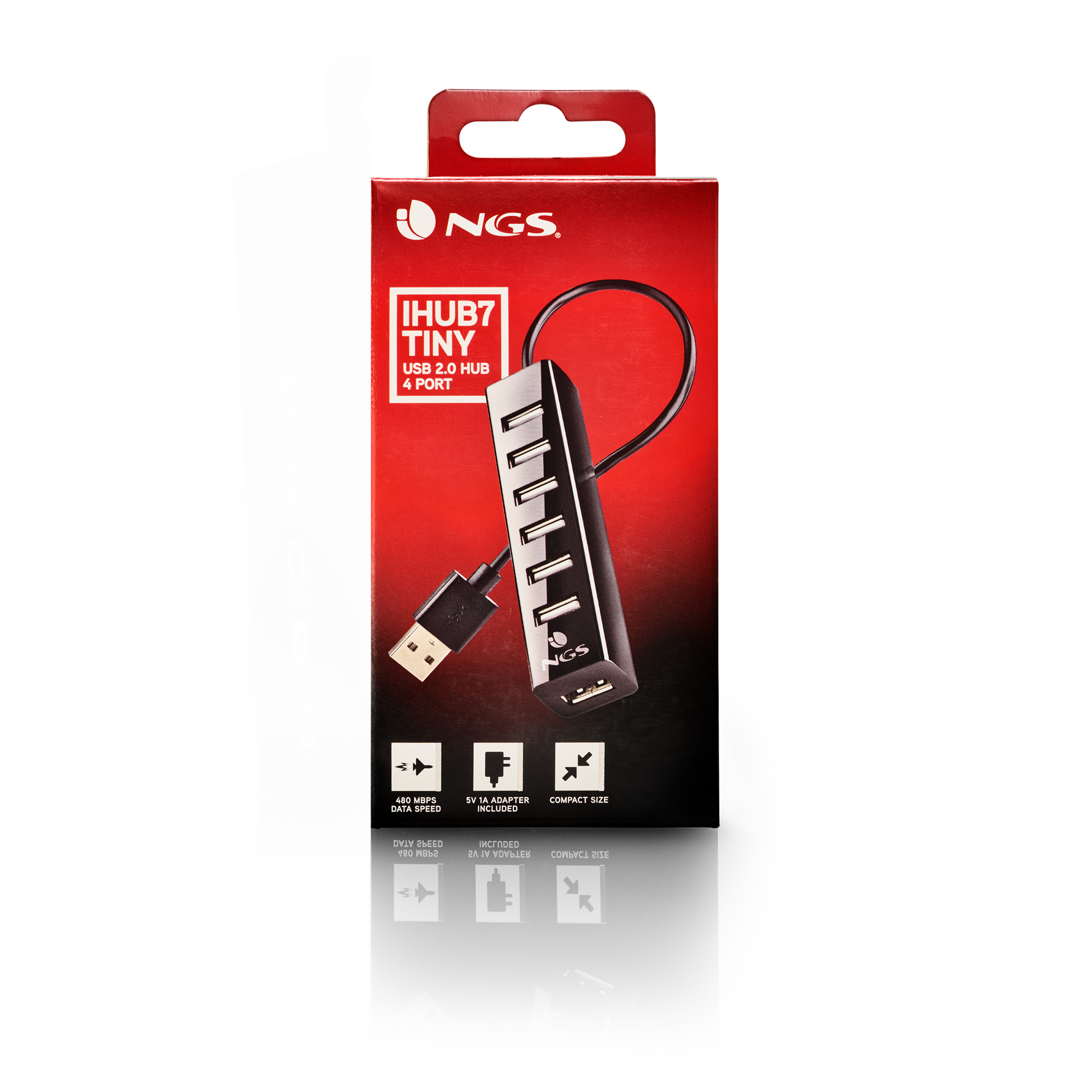 Box für einen iHub7 Tiny USB 2.0 Hub. Schwarz-rotes Farbschema.