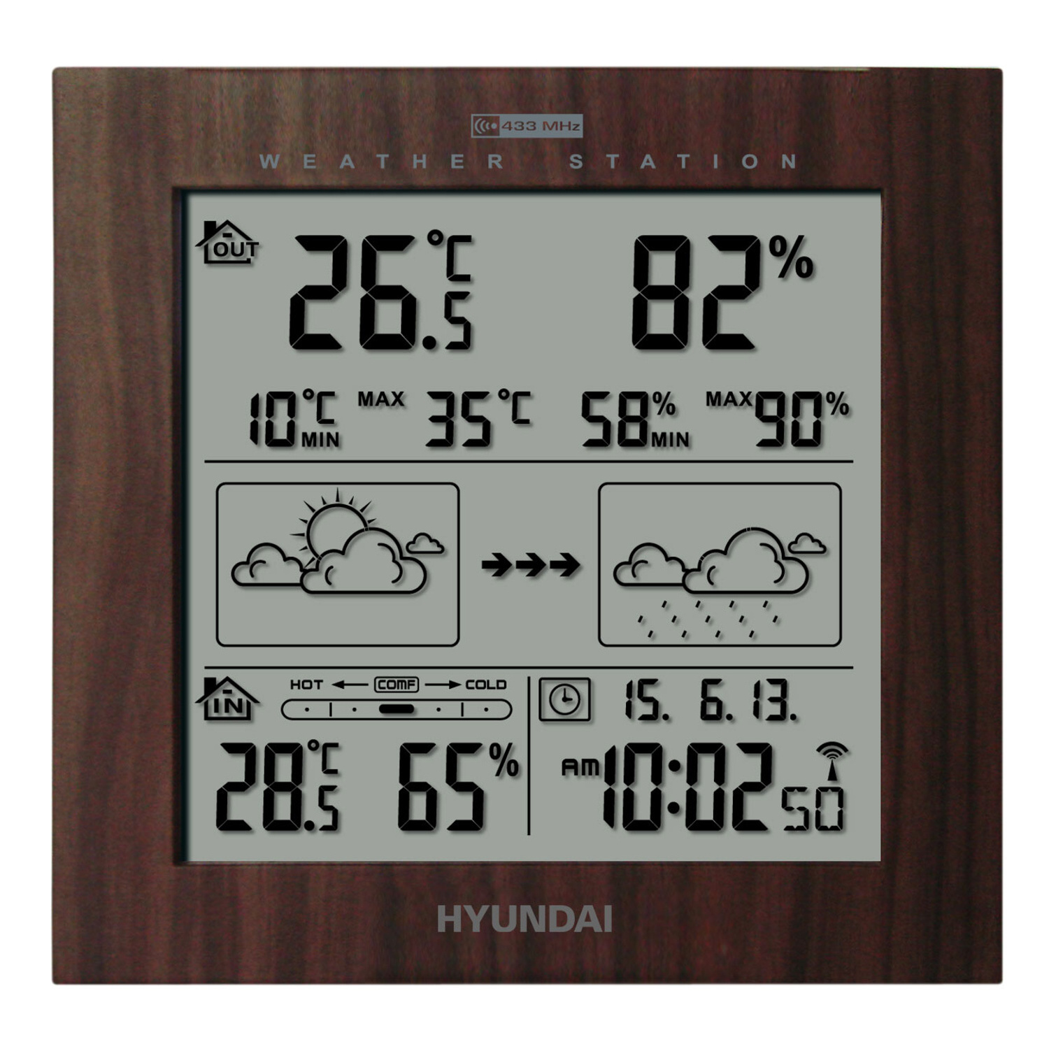 Wetterstation aus Holz mit Temperatur, Feuchtigkeit und Datum auf weißem Grund.