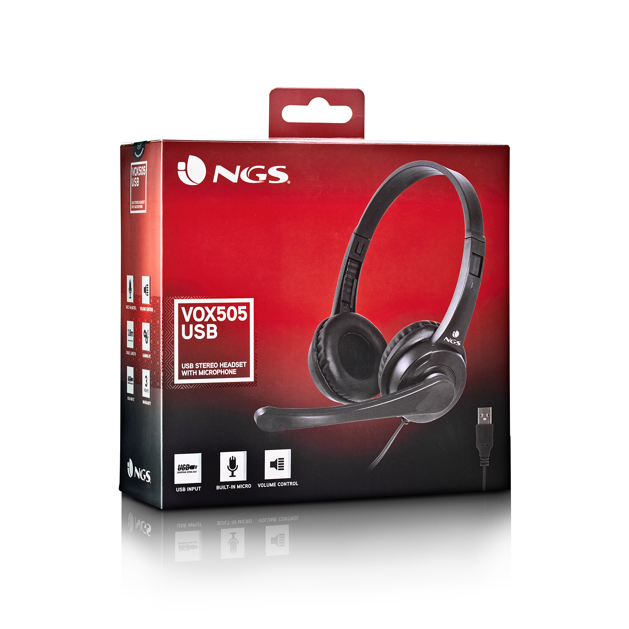 Czerwono-czarne pudełko z zestawem słuchawkowym ze zdjęciem zestawu słuchawkowego i kilkoma ikonami.