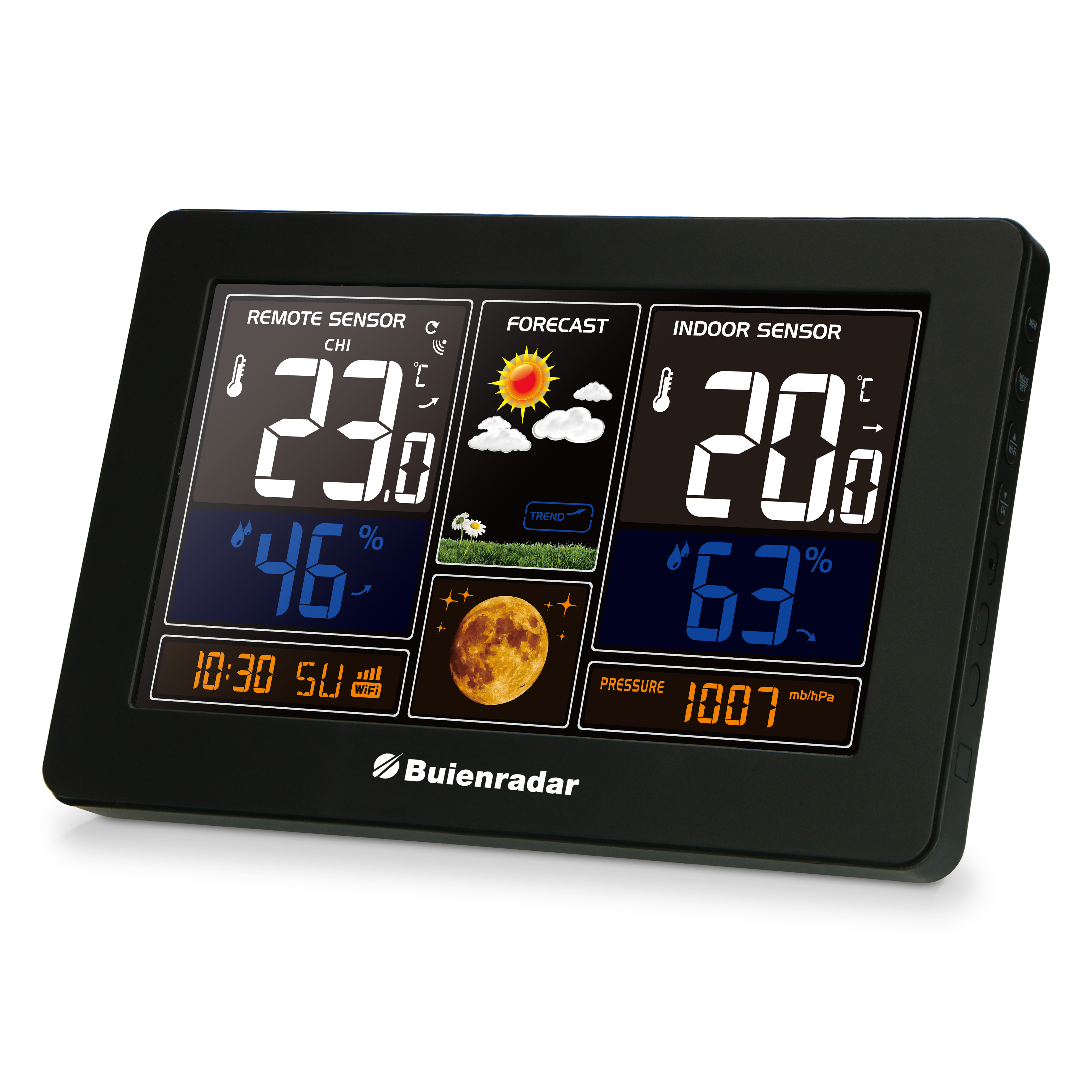 Digitale Wetterstation mit Datenausgabe, schwarzer Rahmen.
