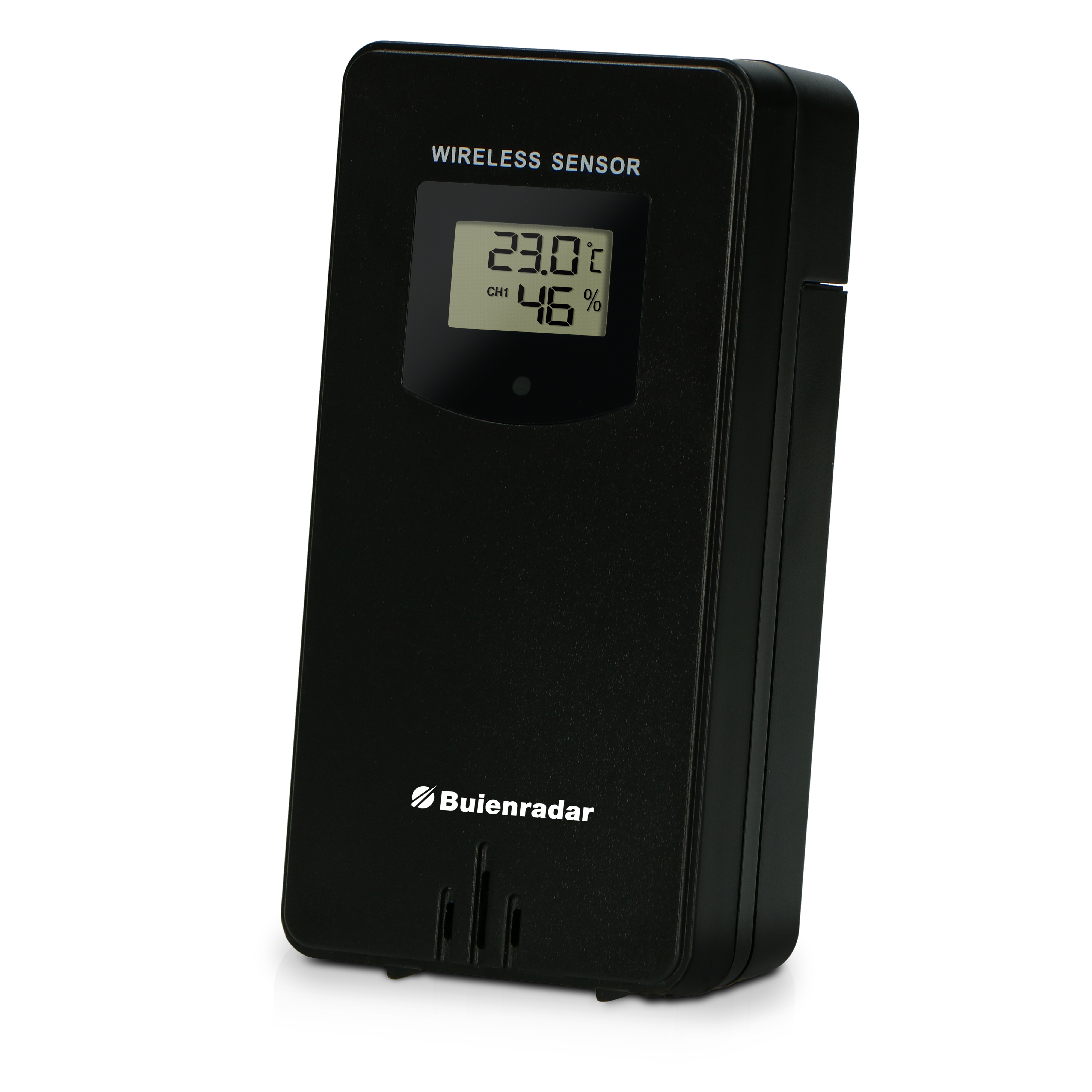 Schwarzer drahtloser Sensor mit Anzeige von Temperatur und Luftfeuchtigkeit. Die Marke ist Buienradar.