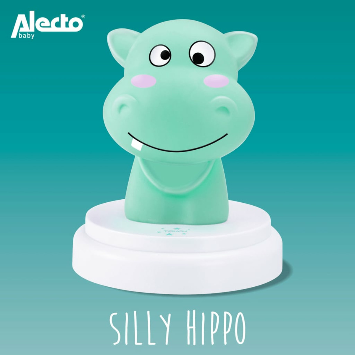 Ein grünes Nilpferd-Nachtlicht auf weißer Basis. Darunter steht 'SILLY HIPPO'.