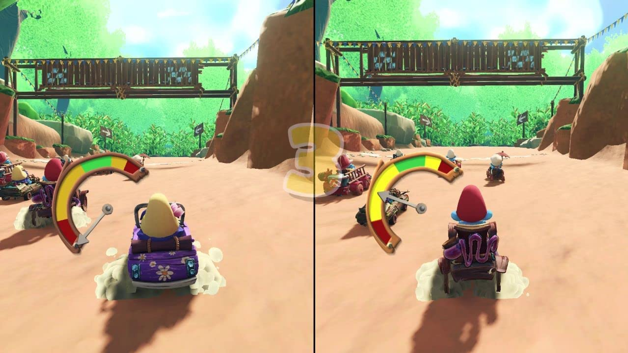 Dos pantallas de juego muestran un juego de carreras con personajes de dibujos animados en karts. Pista arenosa.