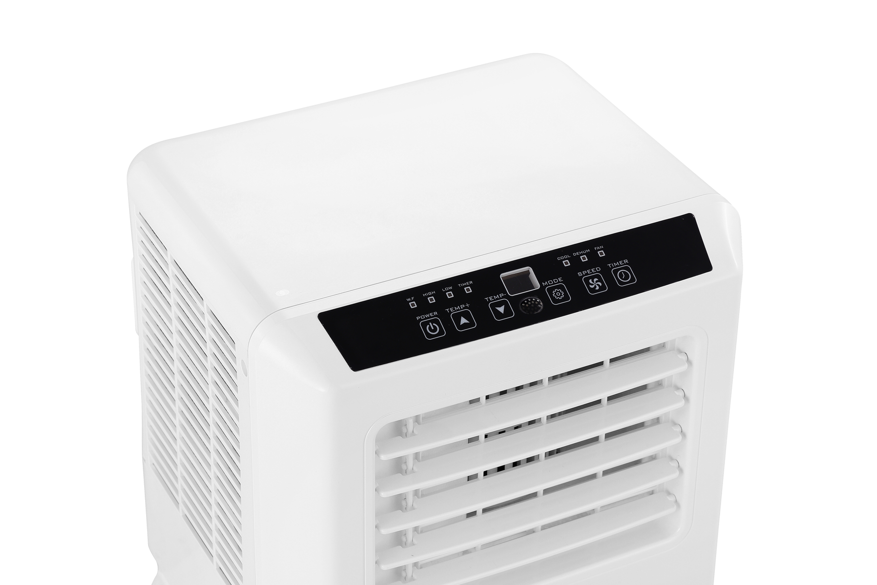 Enfriador de aire blanco con panel de control superior. Botones de encendido, temp, modo, velocidad, temporizador.