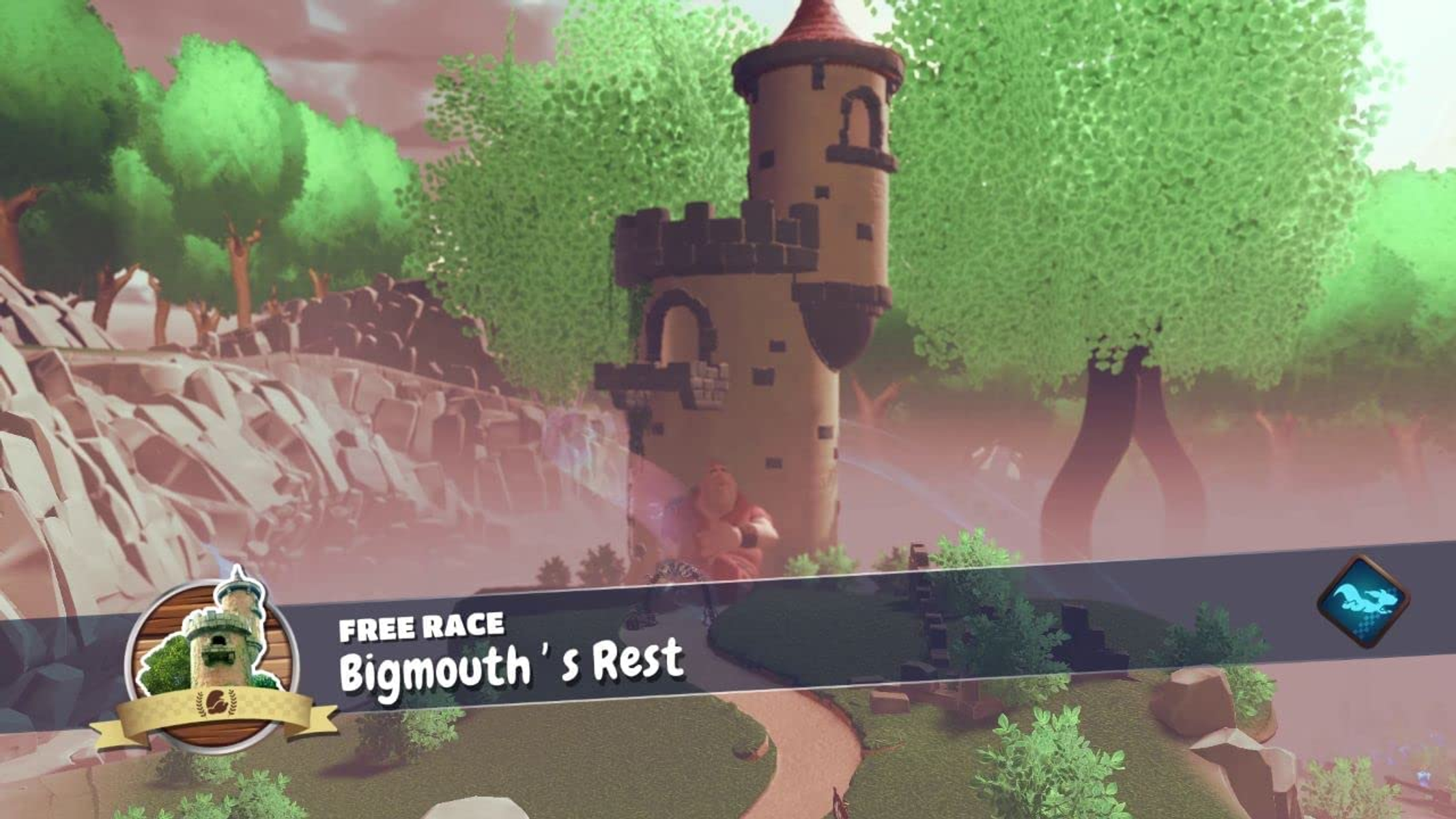 Escena de juego, torre animada en un valle. Texto 'Bigmouth's Rest' con un logo. Árboles y cielo azul.