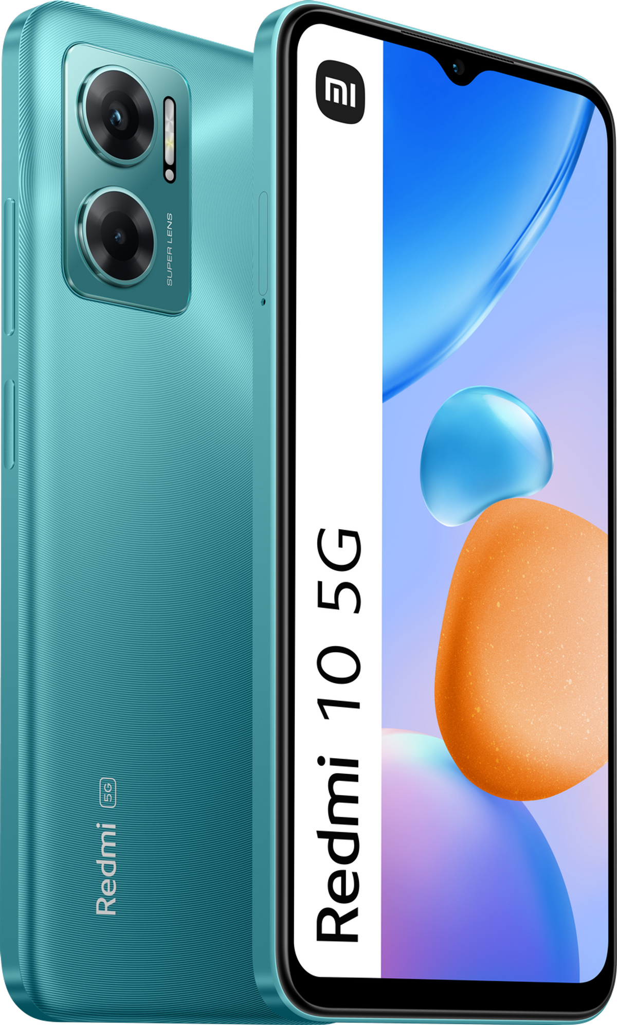 Turkusowy telefon z dwoma tylnymi aparatami i logo Redmi 10 5G.
