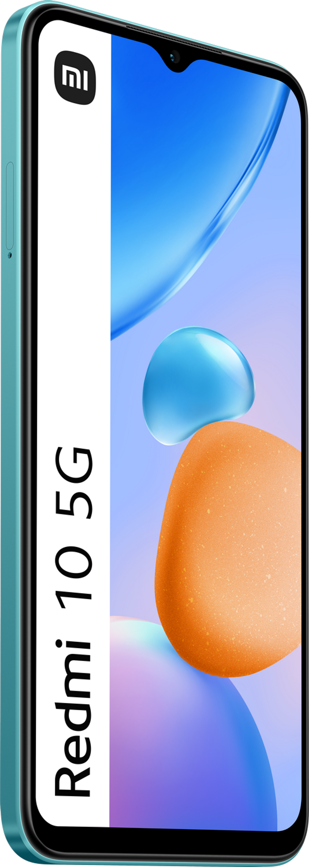 Wyświetlany jest turkusowy telefon Redmi 10 5G. Ekran pokazuje niebiesko-pomarańczowe abstrakcyjne tło.