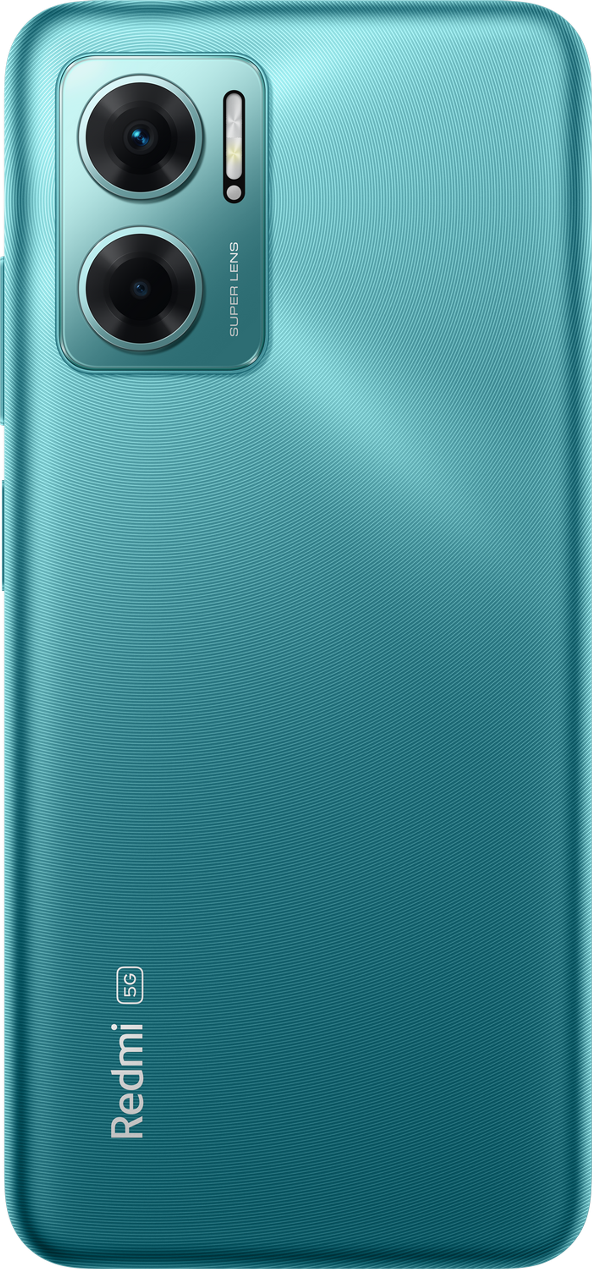 Tył turkusowego smartfona. Ma dwa aparaty, lampę błyskową i logo Redmi.