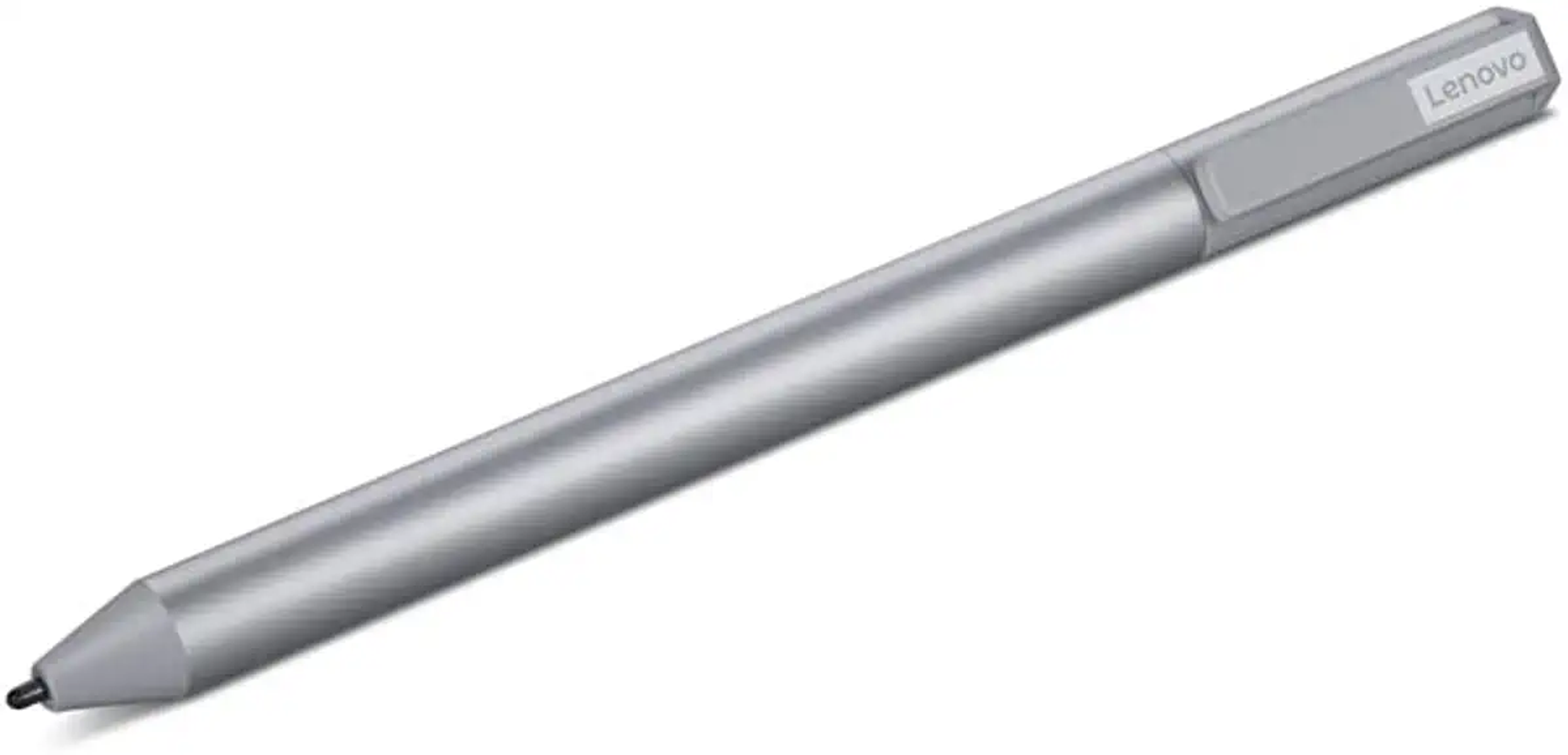 Lápiz óptico Lenovo plateado, diseño simple, inclinado para escribir.