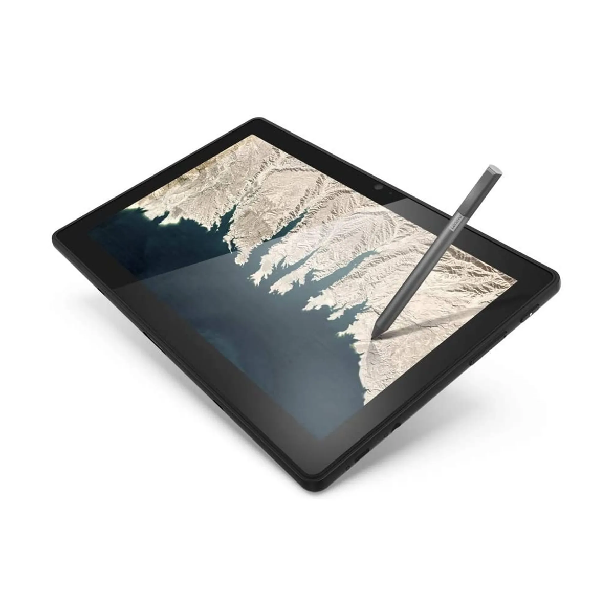 Una tableta negra con un lápiz óptico, que muestra un mapa costero. La tableta está sobre una superficie blanca.