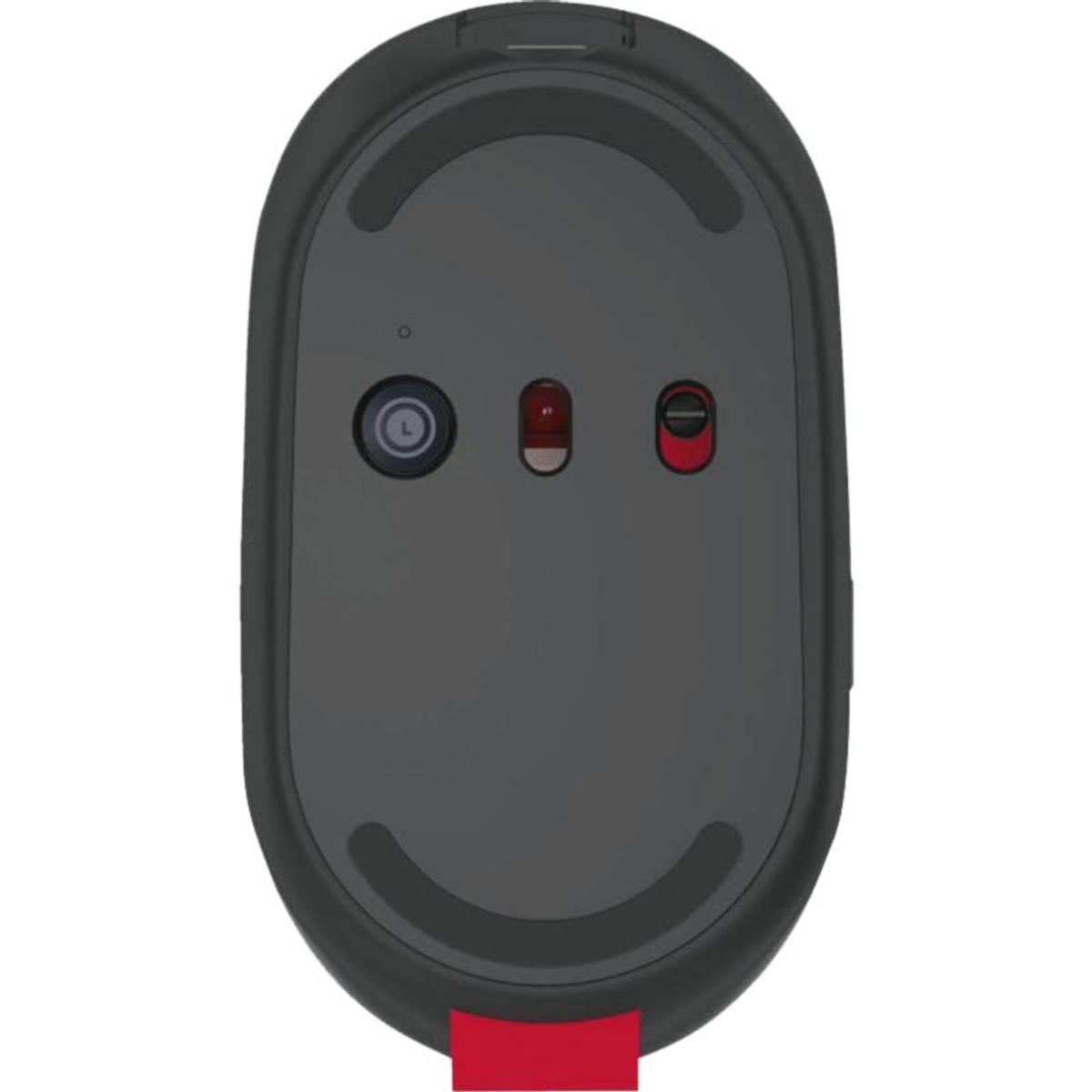 Spód czarnej myszy komputerowej z czerwonymi akcentami i trzema przyciskami.