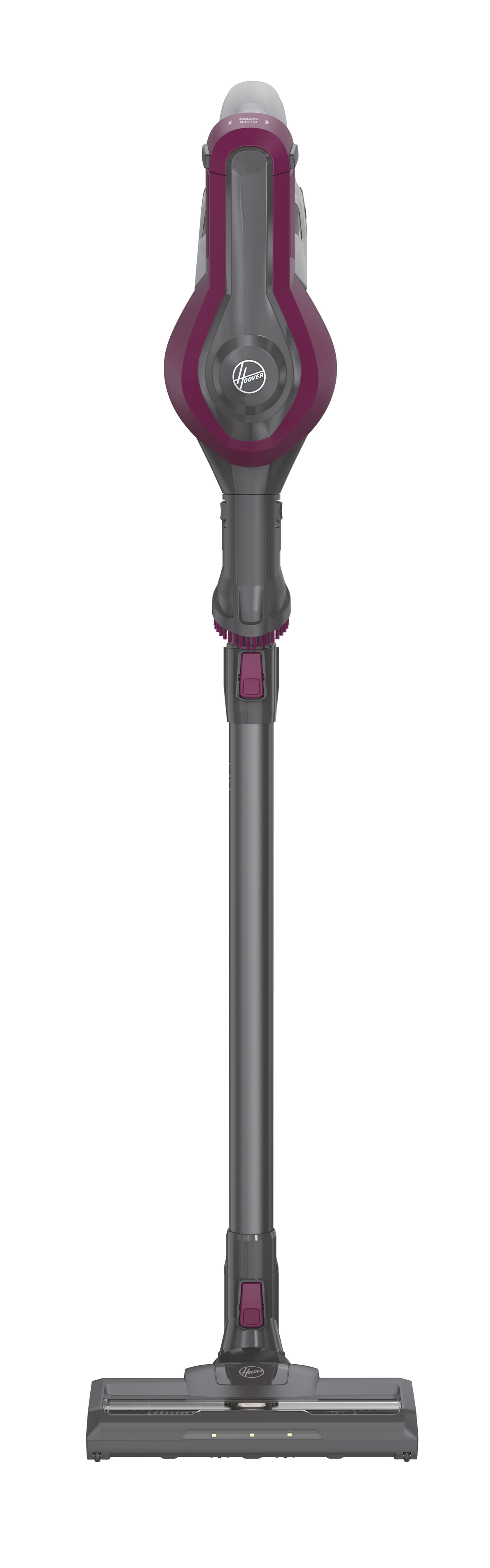 Ein grauer und violetter Hoover-Staubsauger steht aufrecht. Er hat einen langen Griff und einen Reinigungskopf.