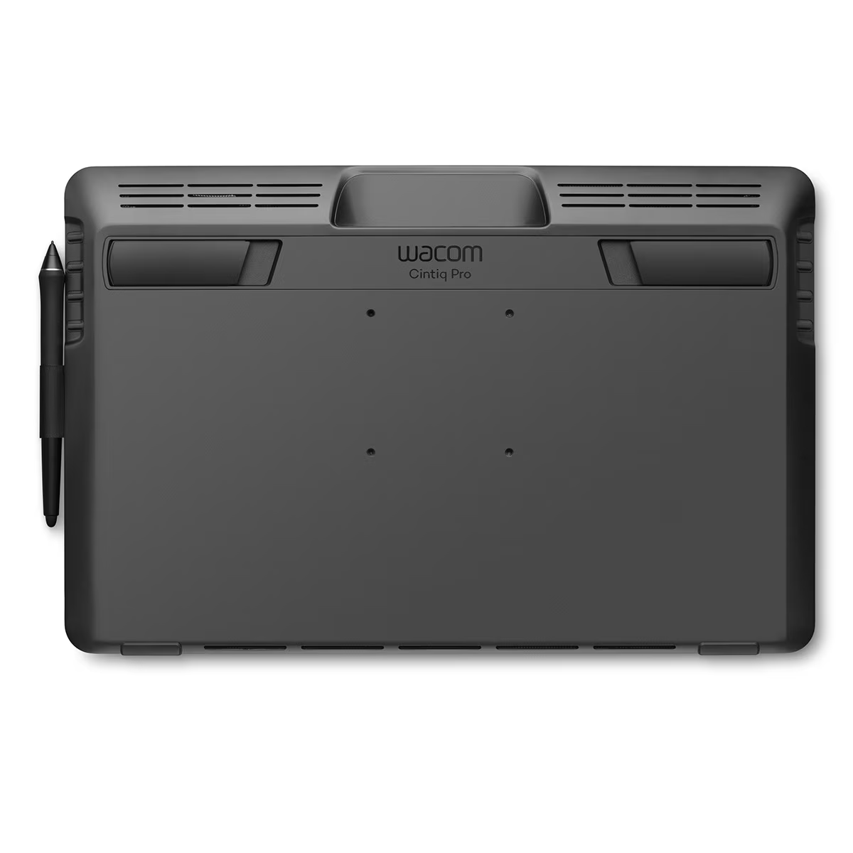Czarny tablet Wacom Cintiq Pro z piórem. Tablet ma uchwyt i otwory wentylacyjne.