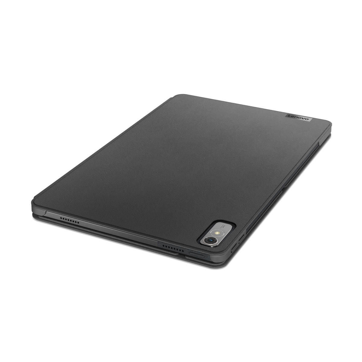 Custodia per tablet nera con ritaglio per fotocamera e fori per altoparlanti. Su una superficie chiara.