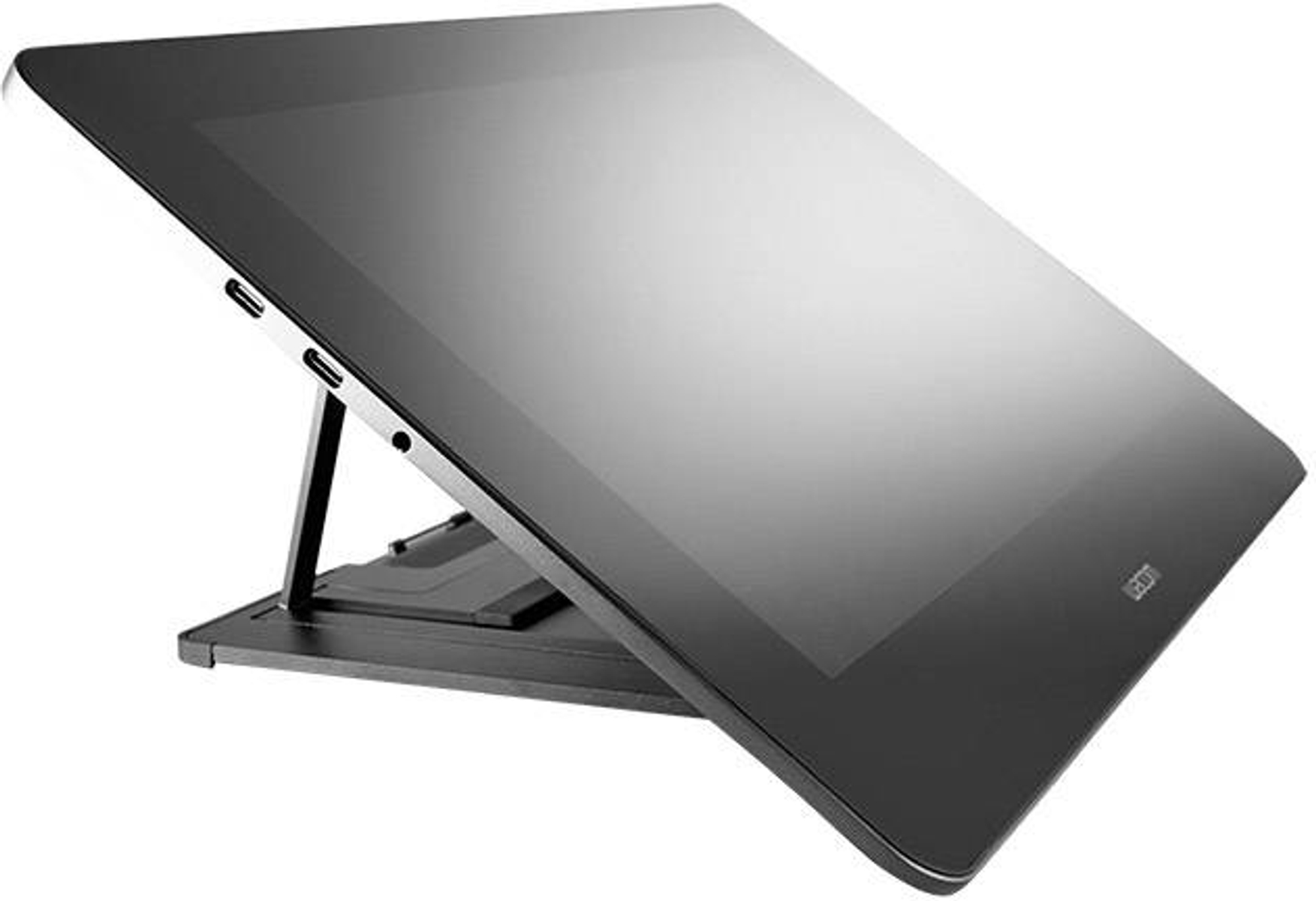 Ein geneigtes schwarzes Tablet auf einem Ständer. Es hat einen großen Bildschirm und ist nach oben geneigt.