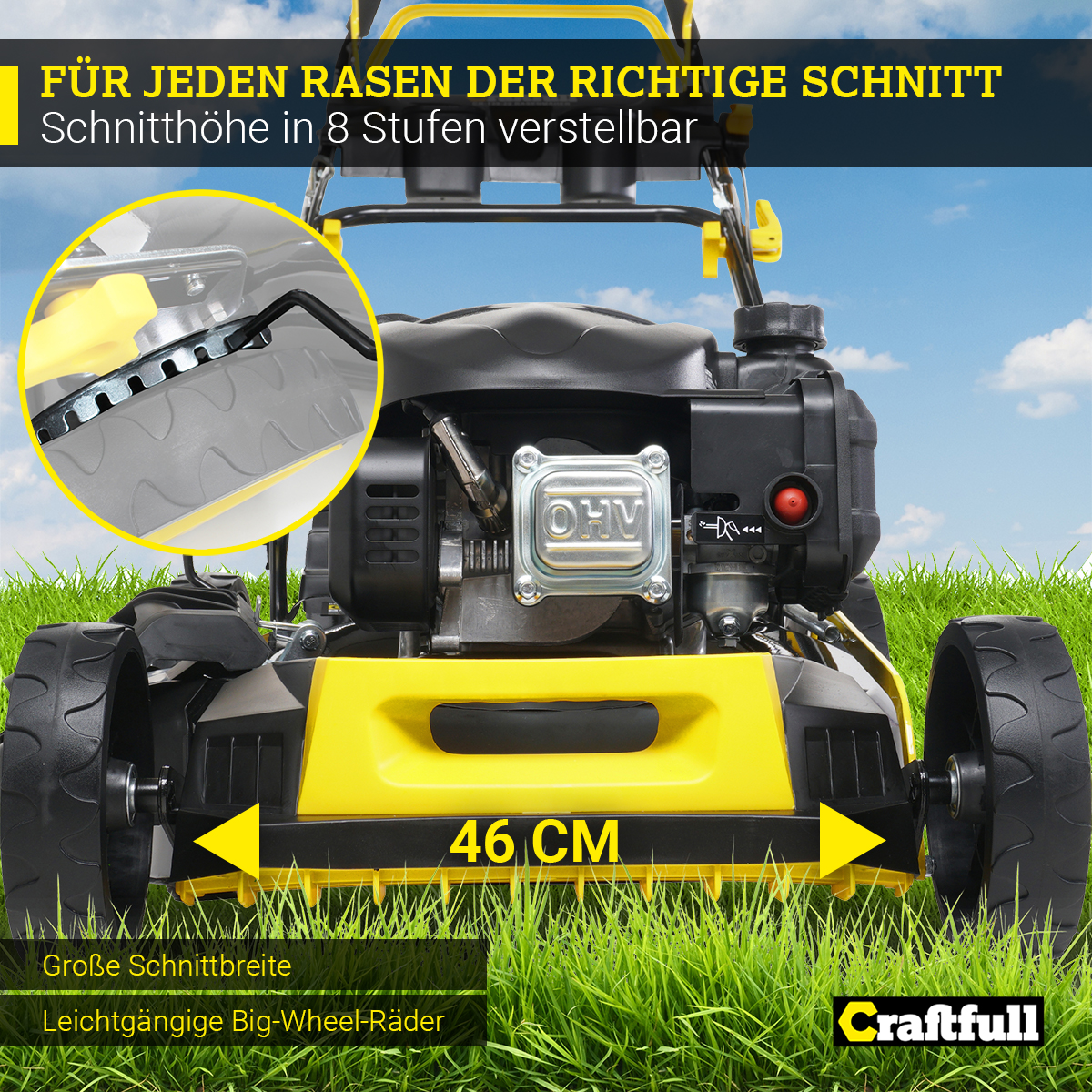 CRAFTFULL Premium 5in1 CR-139-20, Rasenmäher Verstellbare l mit 25-75 mm, (Schnittbreite: Schnitthöhe Fangkorb-Volumen) 62 mm, 480