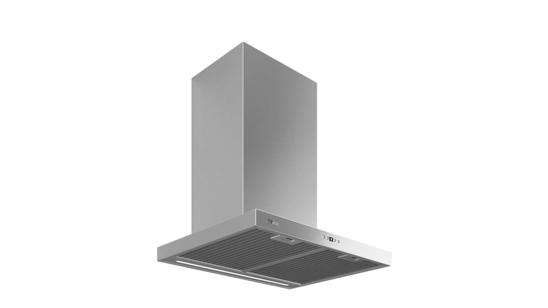 Campana extractora de cocina de acero inoxidable. Diseño rectangular con rejilla de ventilación.