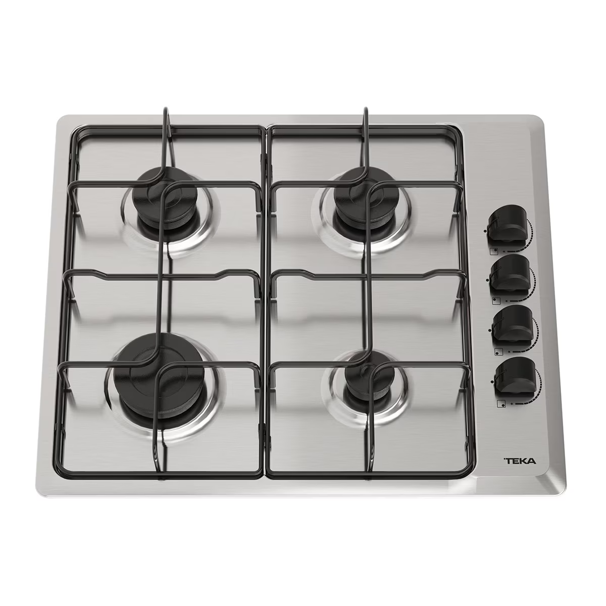 Płyta gazowa ze stali nierdzewnej z czterema palnikami, czarnymi rusztami i pokrętłami. Widok z góry.