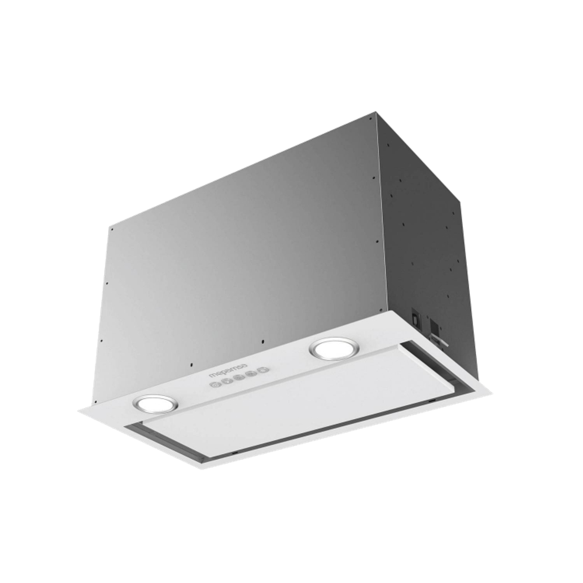 Campana extractora blanca con dos luces. Caja metálica. Fondo negro.
