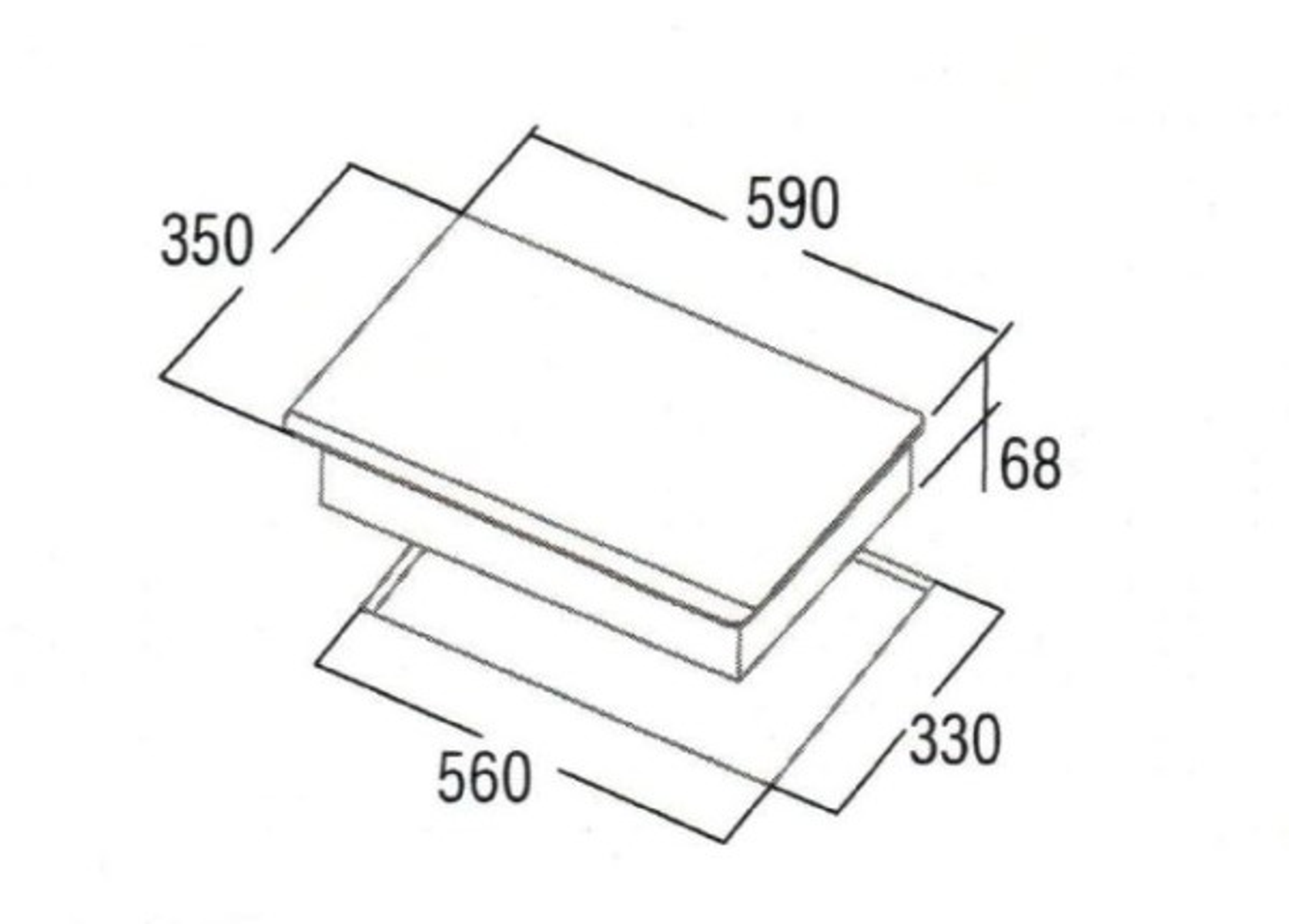 Disegno isometrico di una scatola rettangolare. Dimensioni: 590x350x68mm e 560x330mm.