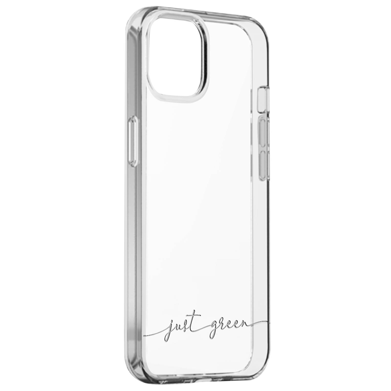 Transparente iPhone-Hülle mit kursiv geschriebenem 'just green'. Die Seitentasten des Telefons sind sichtbar.