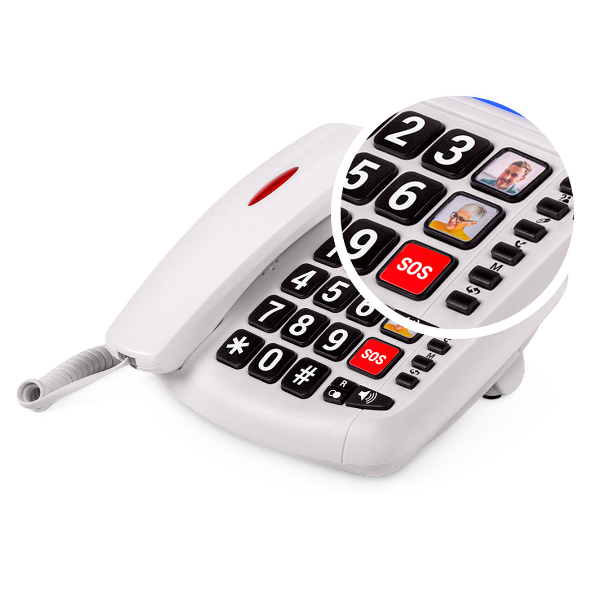 Telefono amplificato bianco con pulsanti grandi, incluso un pulsante SOS e tasti di composizione foto.