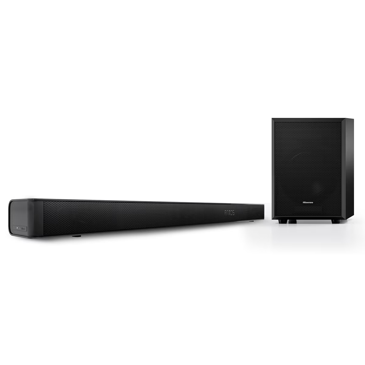 Soundbar e subwoofer. La soundbar è lunga e nera con la scritta Atmos sopra.