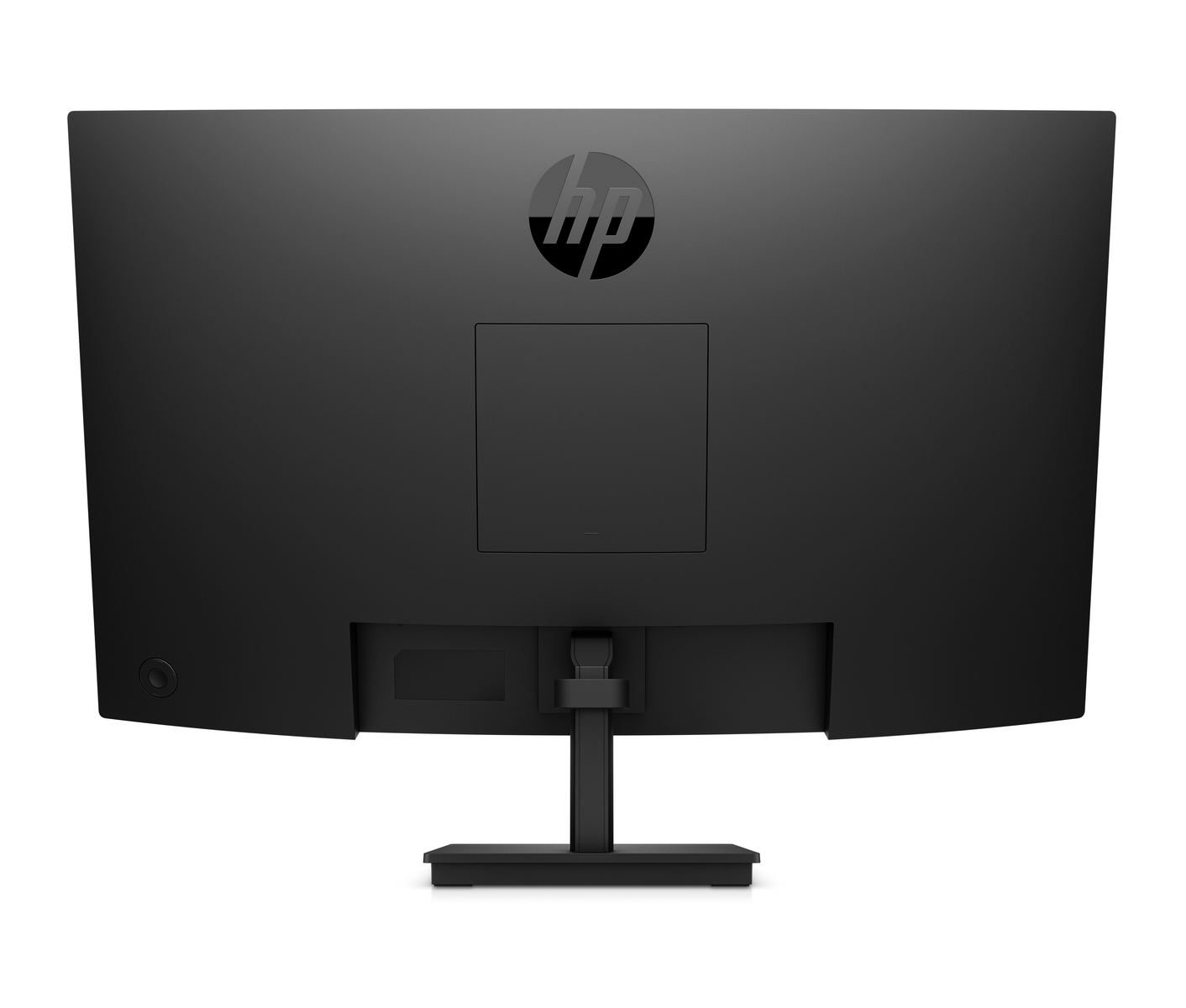 Tył czarnego monitora ze stojakiem. Logo HP jest wyśrodkowane u góry.