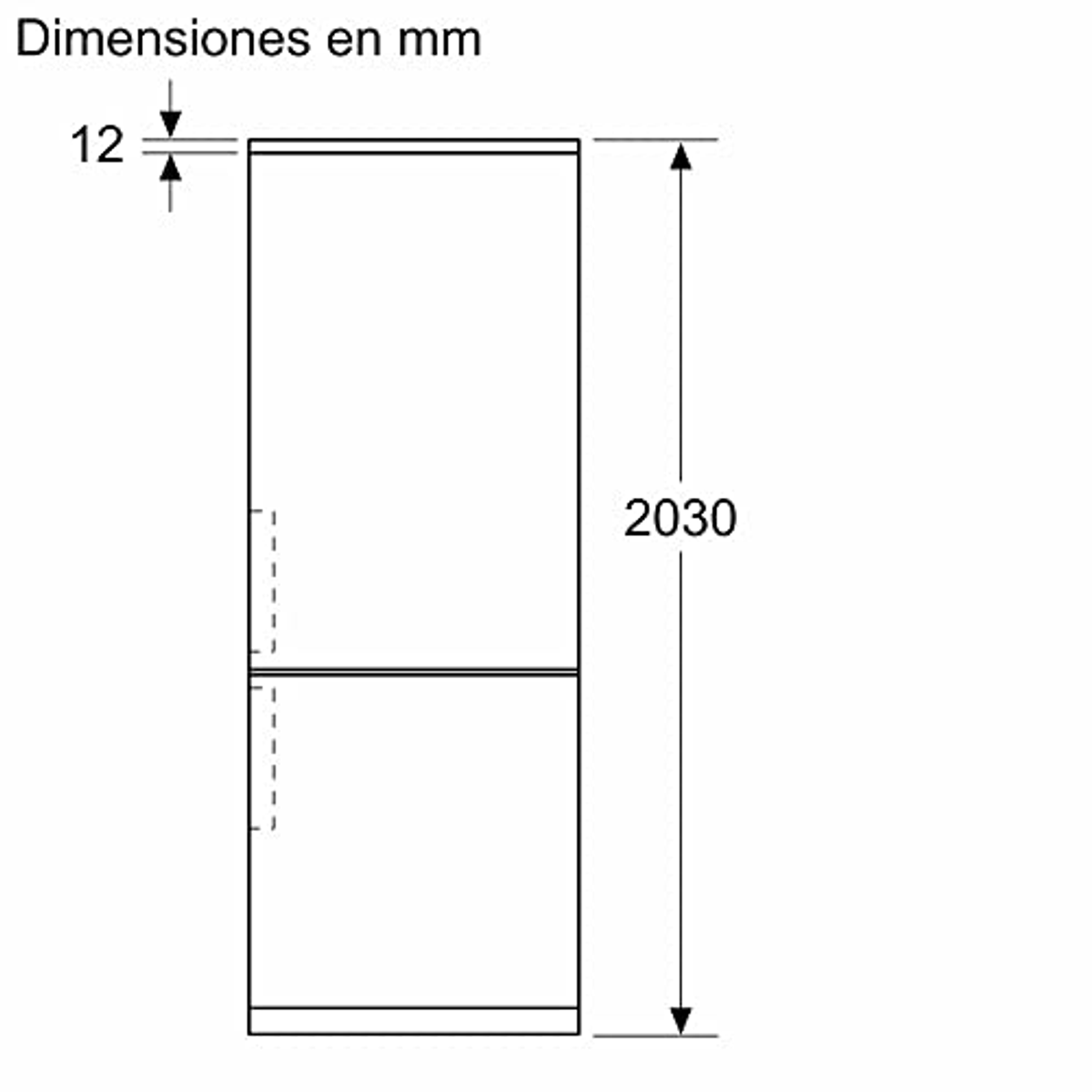 Diagramm eines Kühlschranks, mit den Maßen: Höhe 2030 mm, Breite 12 mm.