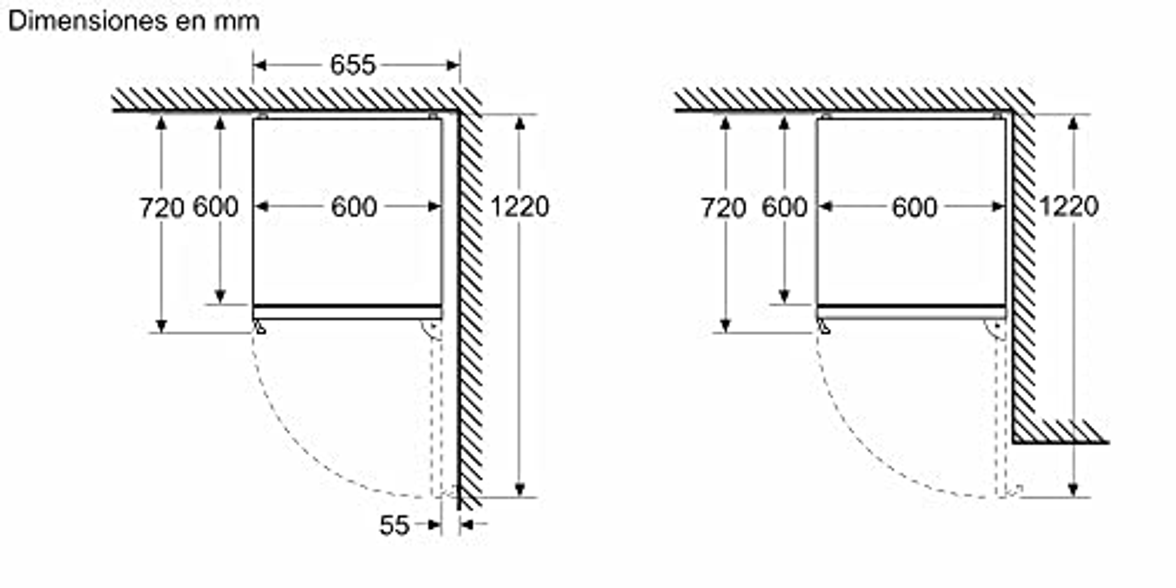 Diagramm der Abmessungen eines Kühlschranks, Maße in mm.