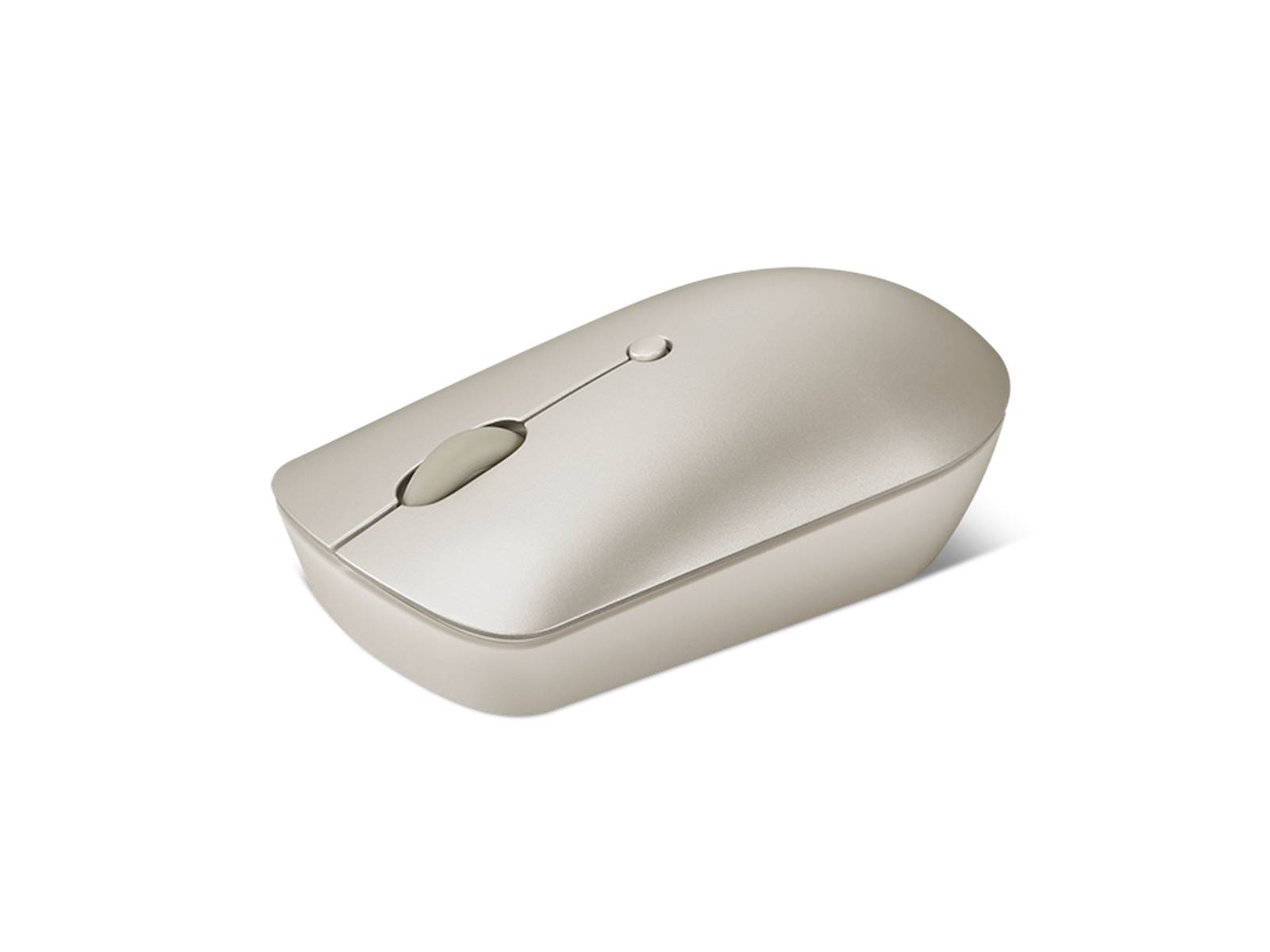 Beżowa mysz komputerowa z kółkiem przewijania i błyszczącą powierzchnią.