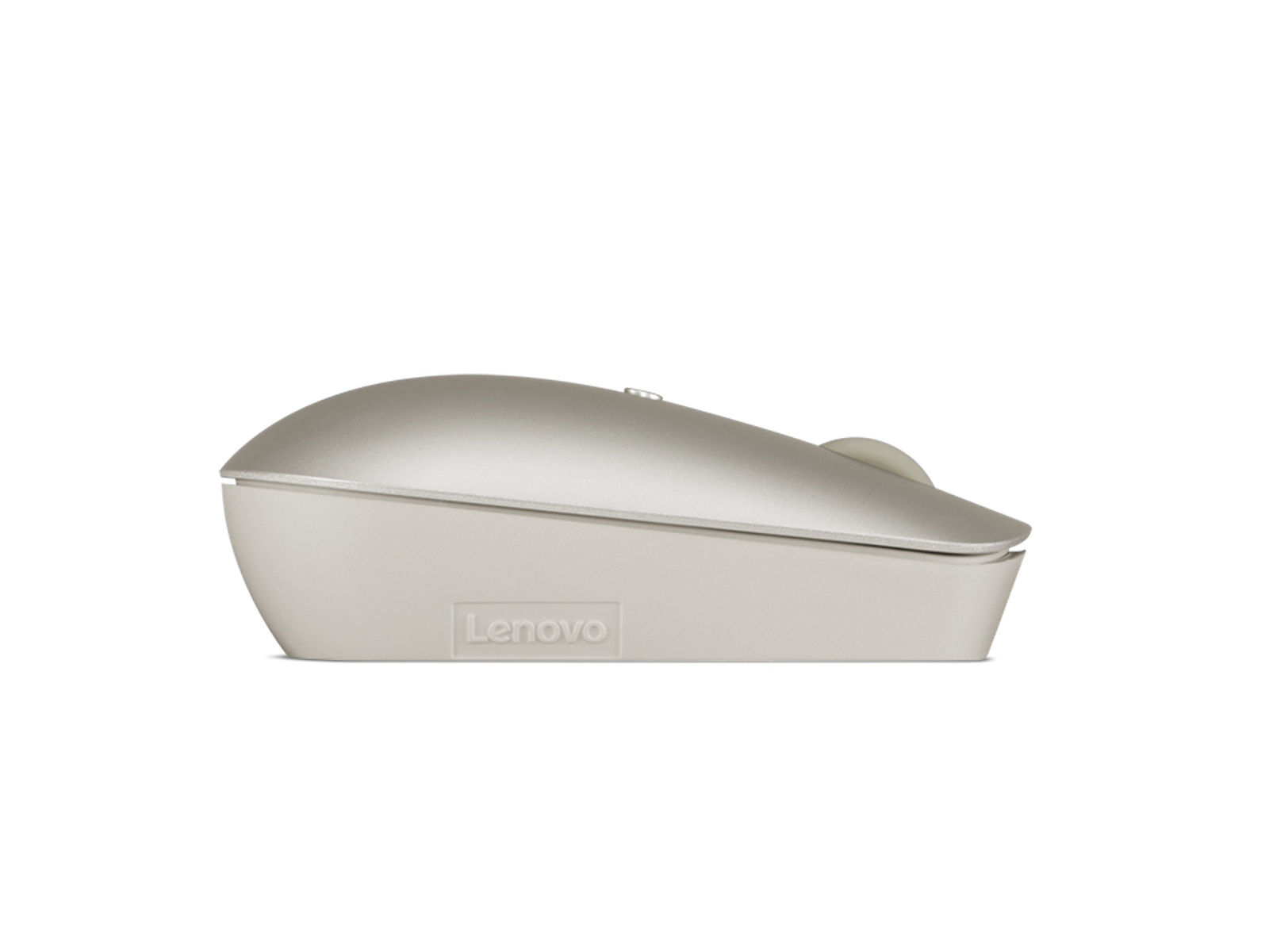 Srebrna mysz Lenovo. Widok z boku. Prosty design, jasnoszary kolor, czarne tło.