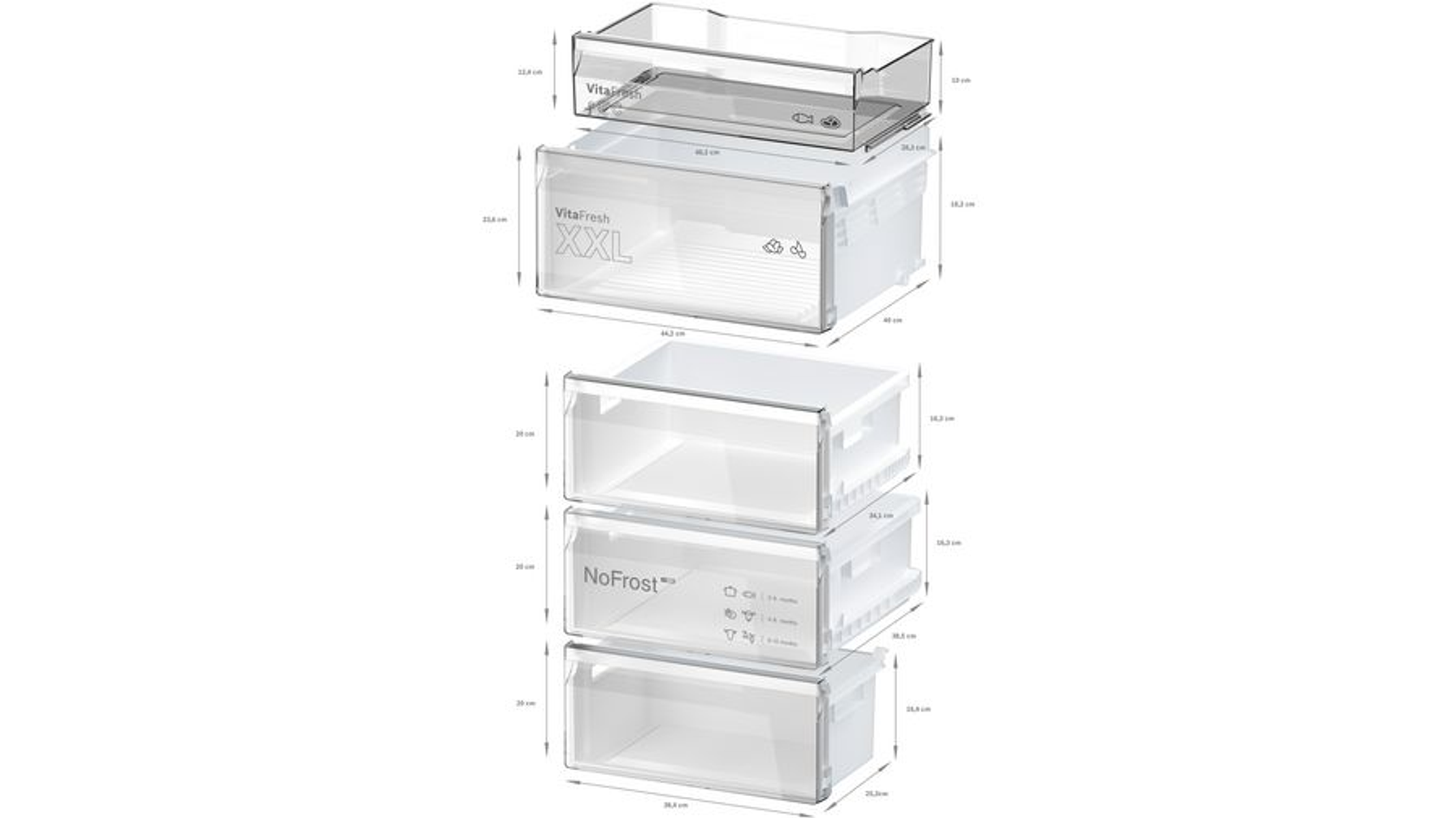 Kühlschubladen mit Abmessungen. Transparente, weiße Behälter.
