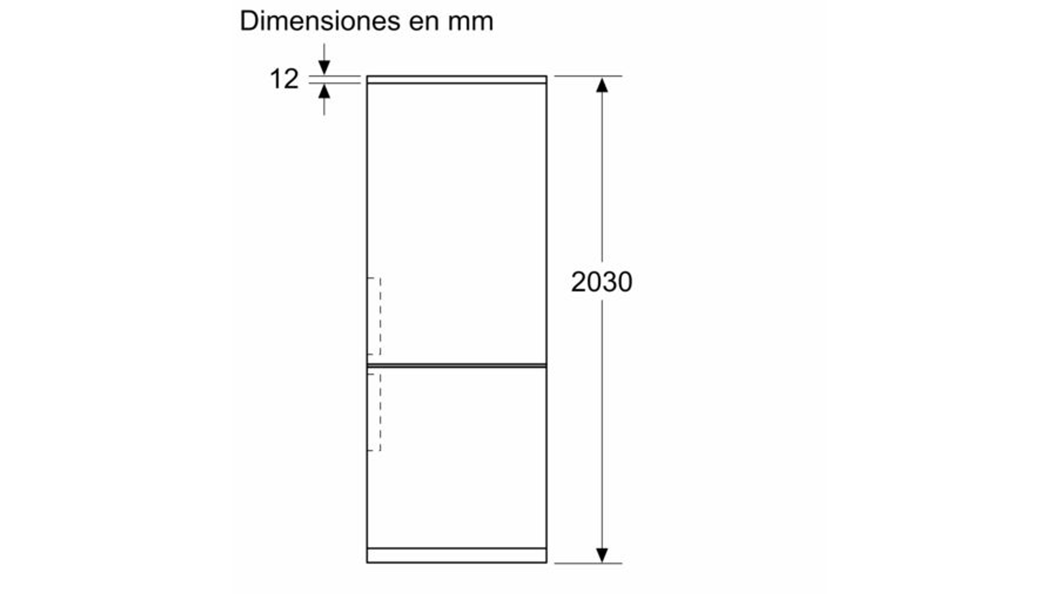 Ein Diagramm, das die Abmessungen eines Kühlschranks zeigt. Die Höhenmessung beträgt 2030 mm.