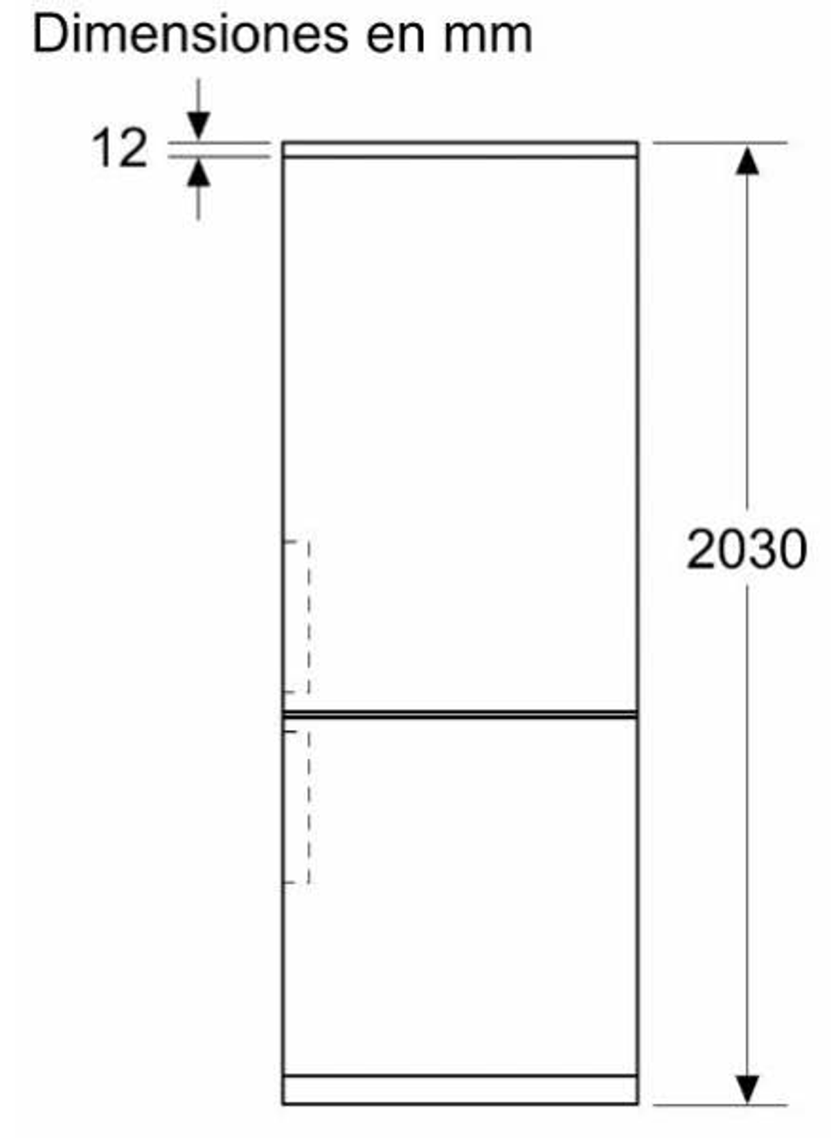 Diagramma di un frigorifero. Mostra le dimensioni, inclusa l'altezza (2030mm) e lo spessore (12mm).