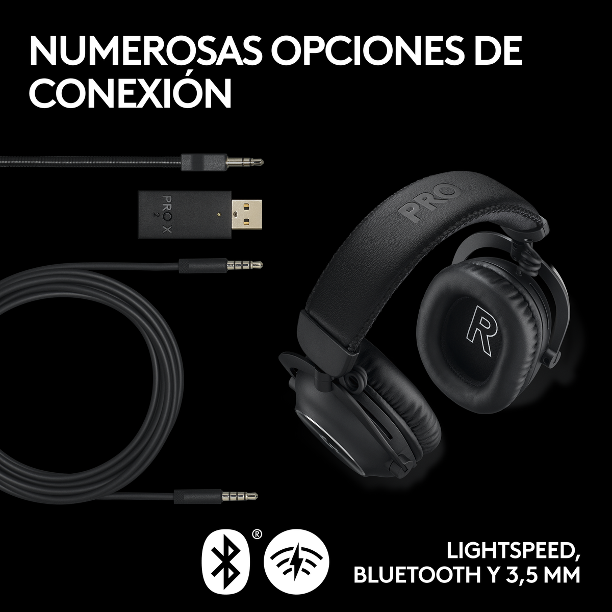 Auriculares negros con logo Pro y opciones de conexión: cable, adaptador USB y símbolo Bluetooth.