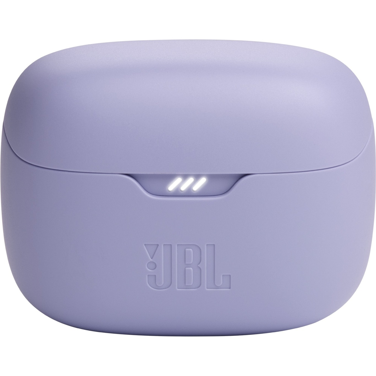 Ein lilafarbenes Etui mit Ohrhörern und dem JBL-Logo.