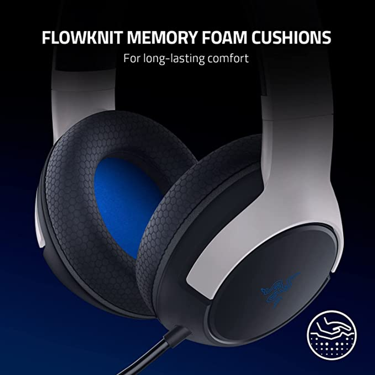 Słuchawki z poduszkami z pianki zapamiętującej kształt, z tekstem: FLOWKNIT MEMORY FOAM CUSHIONS.
